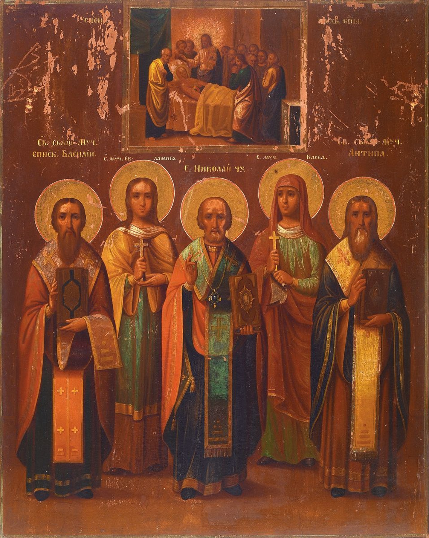 Große Ikone, Russland, um 1880-90, 5 Heilige, darüber Szene der sterbenden Maria, Tempera auf Holz, Oberflächenschäden, ca. 51x41cm