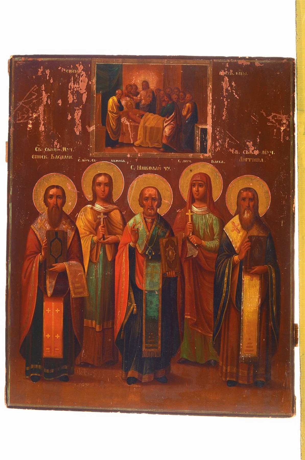 Detail k: Große Ikone, Russland, um 1880-90, 5 Heilige, darüber Szene der sterbenden Maria, Tempera auf Holz, Oberflächenschäden, ca. 51x41cm