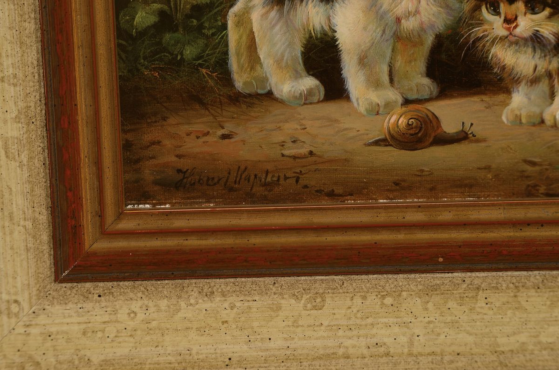 Detail a: Hubert Kaplan, geb. 1940 München, drei junge Katzen beobachten eine Schnecke, Öl/Holz, links unten signiert, ca. 12x18cm, R. ca. 24x30cm