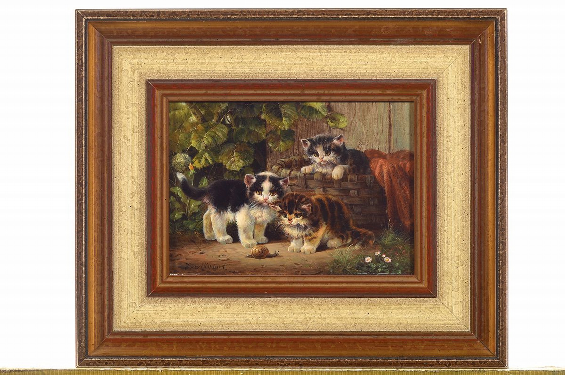 Detail k: Hubert Kaplan, geb. 1940 München, drei junge Katzen beobachten eine Schnecke, Öl/Holz, links unten signiert, ca. 12x18cm, R. ca. 24x30cm