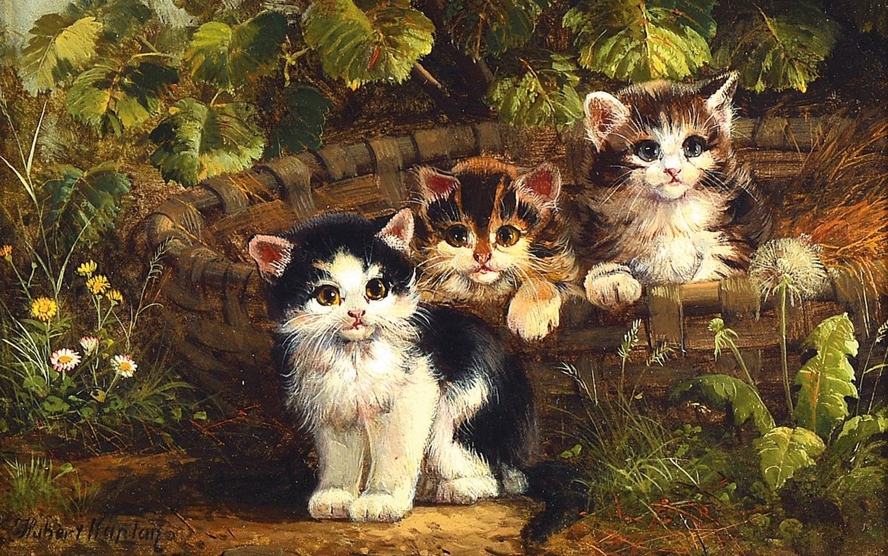 Hubert Kaplan, geb. 1940 München, drei junge Katzen blicken aus dem Korb, Öl/Holz, links unten signiert, ca. 10x15cm, R. ca. 24x30cm