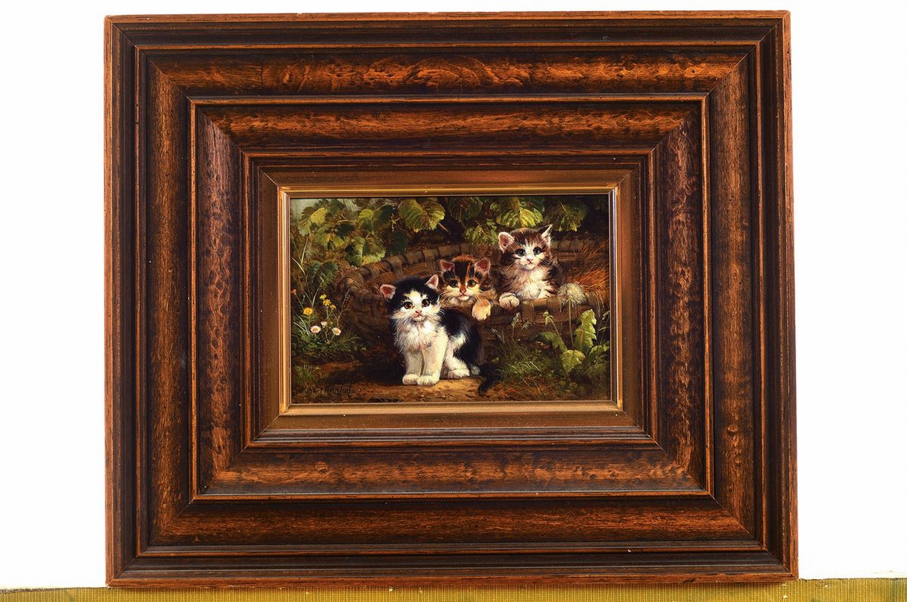 Detail k: Hubert Kaplan, geb. 1940 München, drei junge Katzen blicken aus dem Korb, Öl/Holz, links unten signiert, ca. 10x15cm, R. ca. 24x30cm