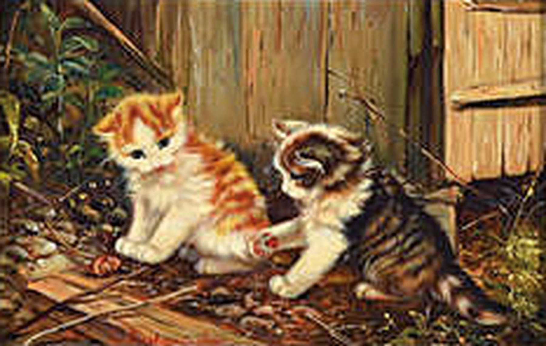 Inge Gruber-Böhm, geb. 1941 Arnstadt, zwei kleine Katzen beobachten eine Schnecke, Öl/Holz, links unten signiert, ca. 10x15cm, R. ca. 22x27cm
