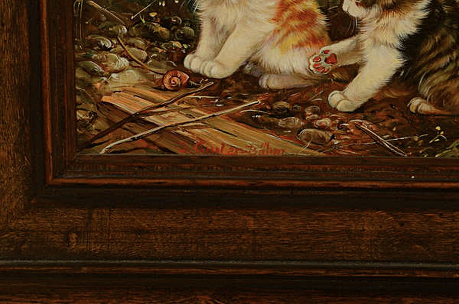 Detail a: Inge Gruber-Böhm, geb. 1941 Arnstadt, zwei kleine Katzen beobachten eine Schnecke, Öl/Holz, links unten signiert, ca. 10x15cm, R. ca. 22x27cm