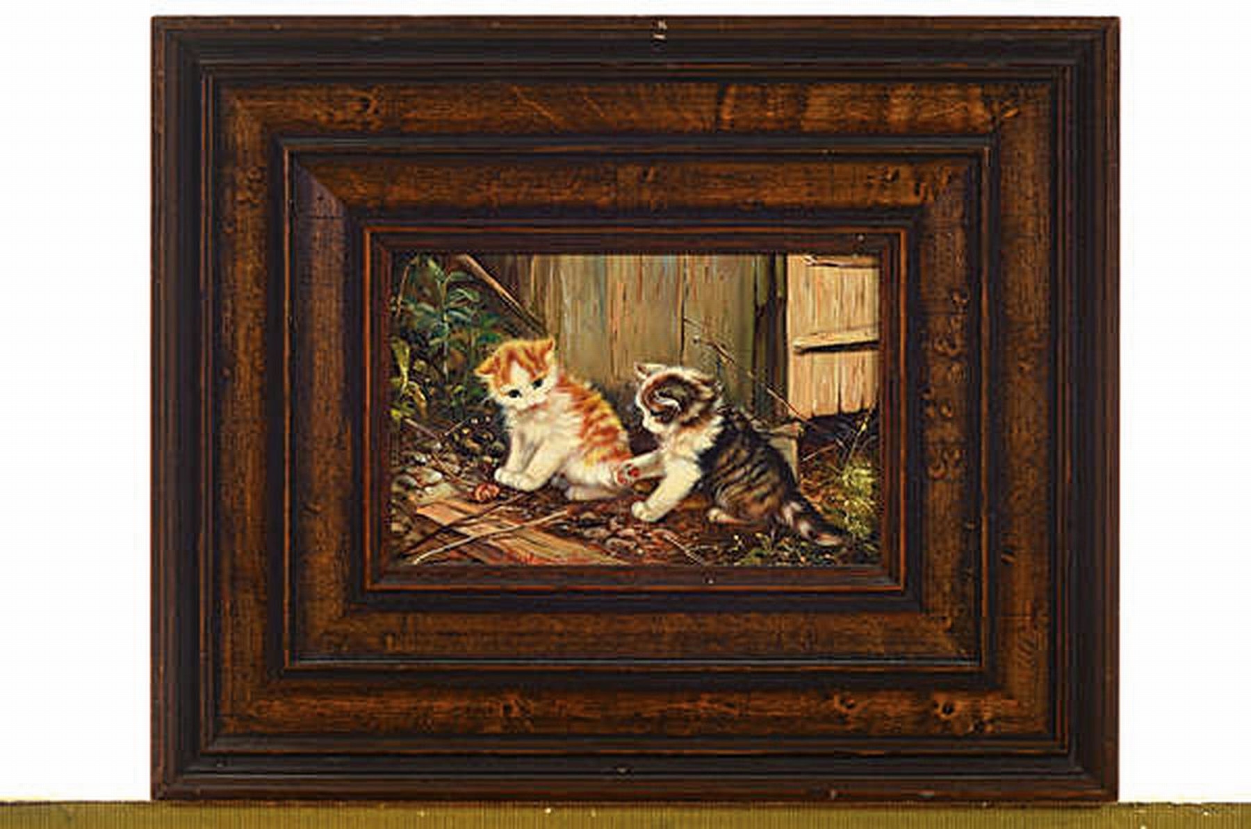 Detail k: Inge Gruber-Böhm, geb. 1941 Arnstadt, zwei kleine Katzen beobachten eine Schnecke, Öl/Holz, links unten signiert, ca. 10x15cm, R. ca. 22x27cm
