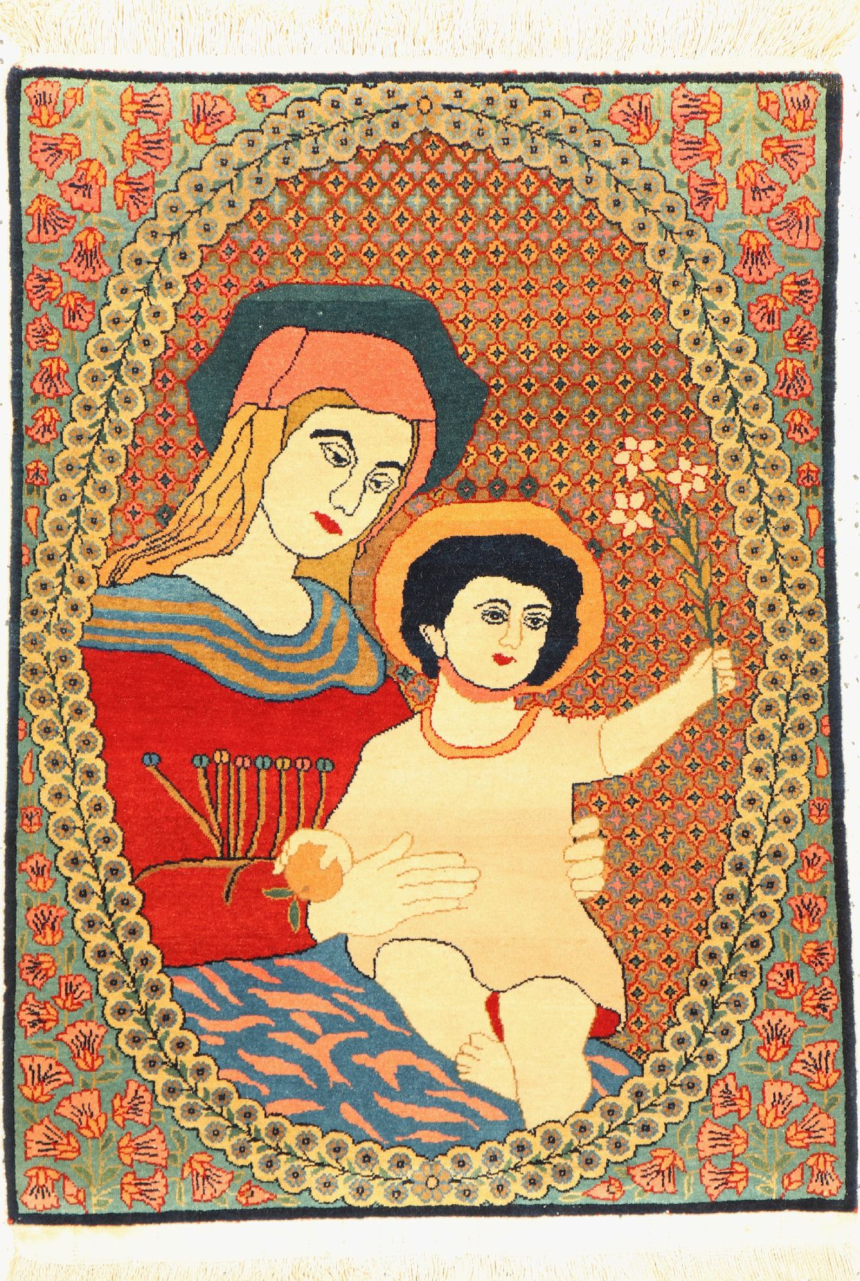 Feiner Kork Keschan(Maria mit Jesuskind), um 1950/1960, Korkwolle geknüpft auf Baumwolle, ca. 90 x 67 cm, EHZ:2(guter Zustand).