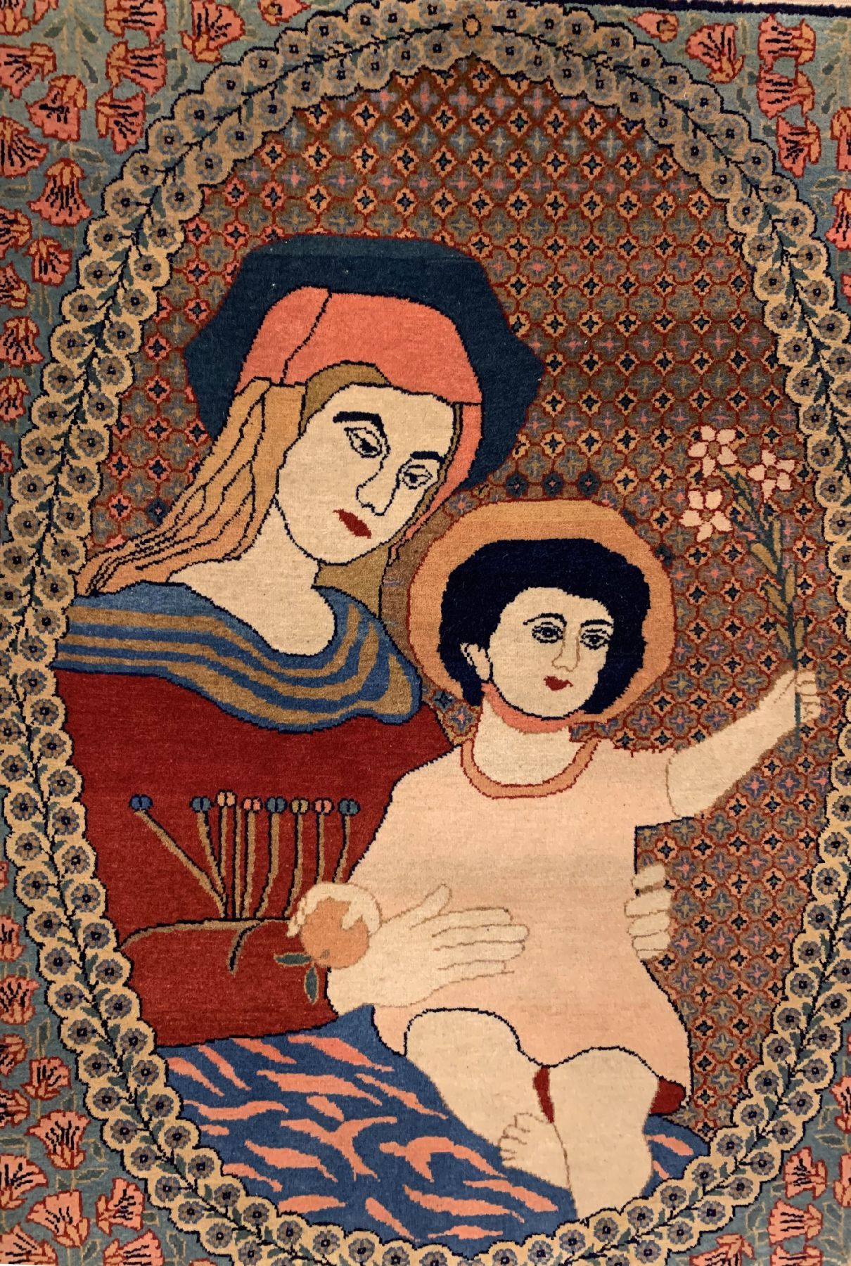 Detail a: Feiner Kork Keschan(Maria mit Jesuskind), um 1950/1960, Korkwolle geknüpft auf Baumwolle, ca. 90 x 67 cm, EHZ:2(guter Zustand).
