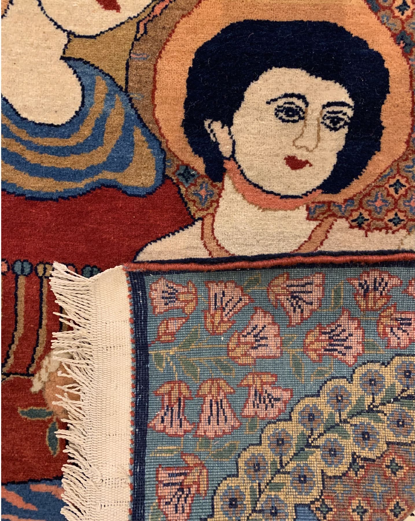 Detail c: Feiner Kork Keschan(Maria mit Jesuskind), um 1950/1960, Korkwolle geknüpft auf Baumwolle, ca. 90 x 67 cm, EHZ:2(guter Zustand).