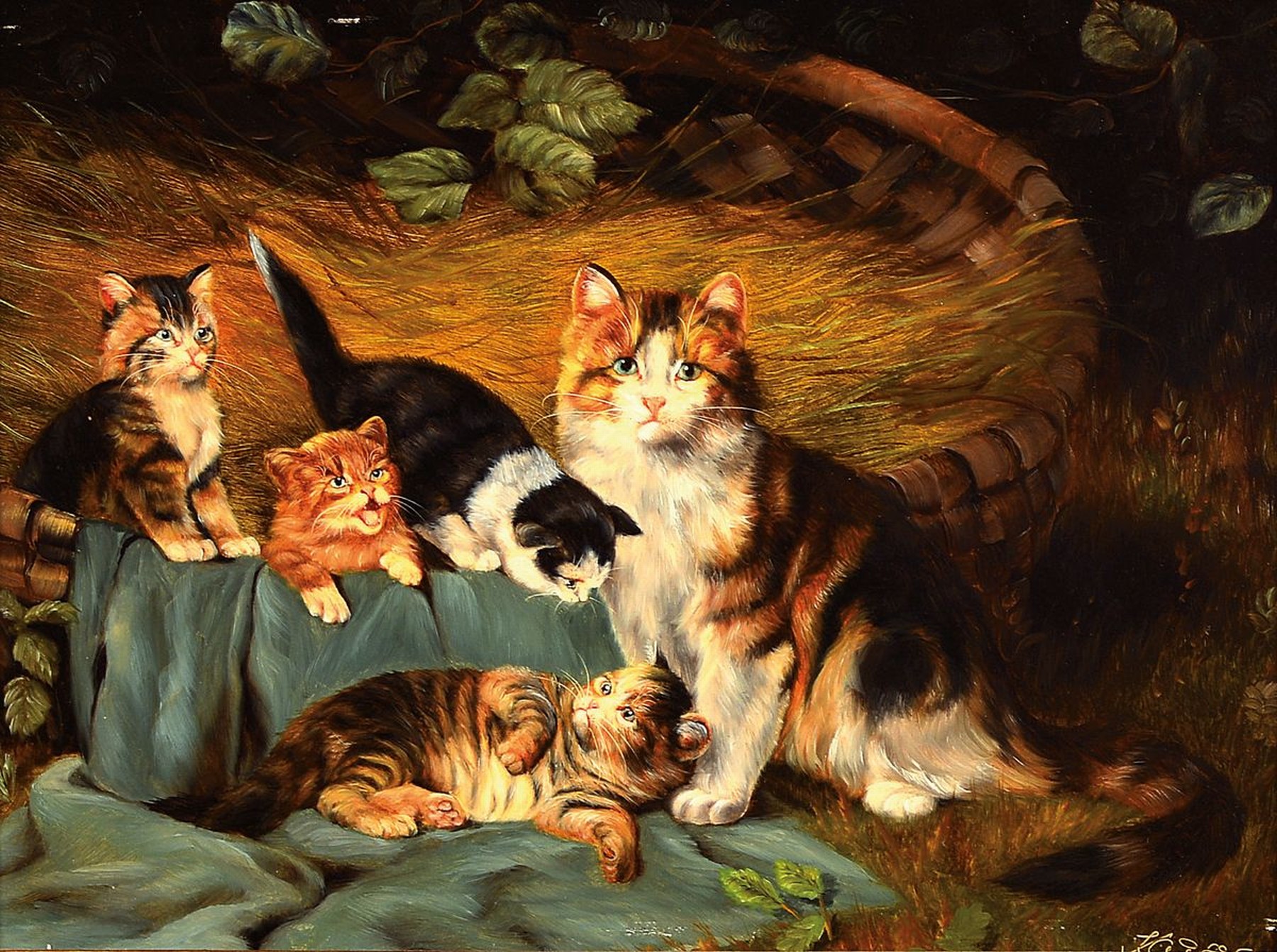 Wolfgang Kaiser, geb. 1941 Berlin, Katze mit 4 Kätzchen, Öl/Holz, rechts unten signiert, ca. 15x20cm, R. ca. 29x34cm