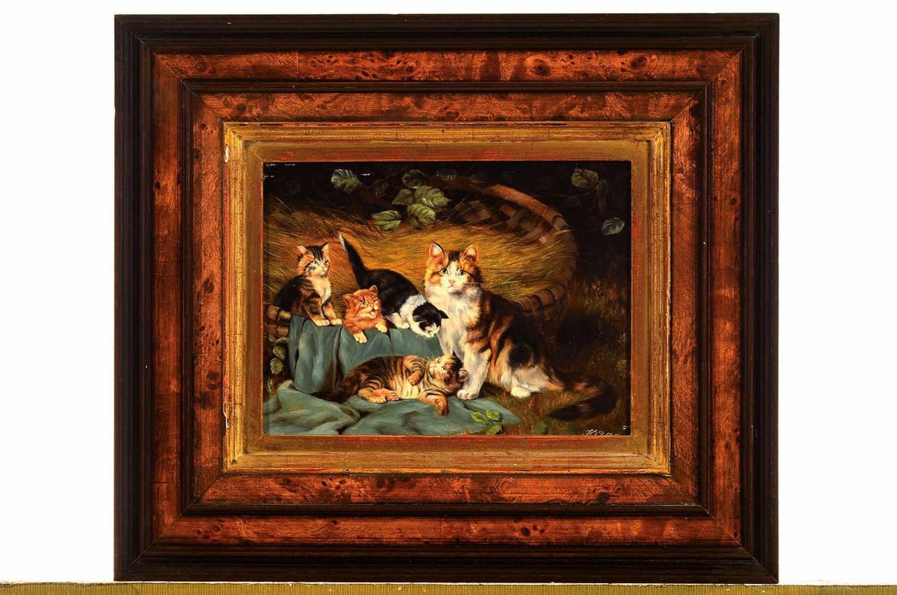 Detail k: Wolfgang Kaiser, geb. 1941 Berlin, Katze mit 4 Kätzchen, Öl/Holz, rechts unten signiert, ca. 15x20cm, R. ca. 29x34cm