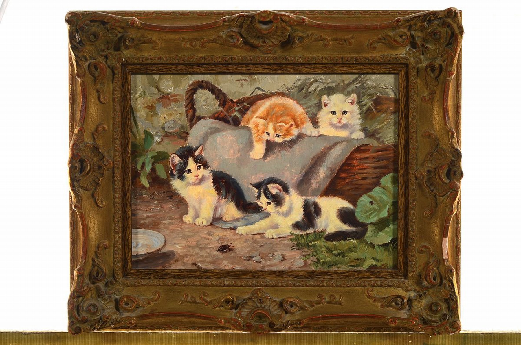 Detail k: Benno Kögl, 1892-1973 München, vier junge Katzen beobachten einen Käfer, Öl/Lwd, rechts unten signiert, ca. 18x24cm, R. ca. 28x34cm