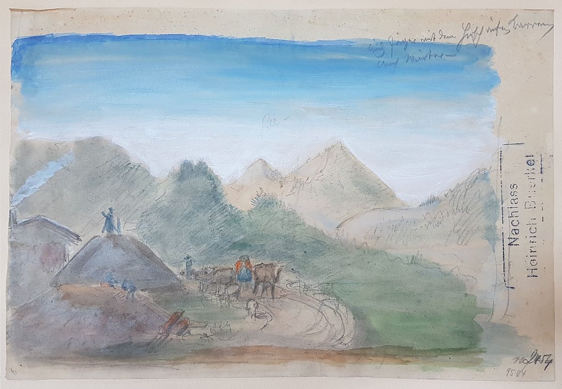 Detail a: Heinrich von Bürkel, 1802 Pirmasens - 1869 München, Studium in München bei Peter v. Langer, original handkolorierte Bleistiftzeichnung, ...