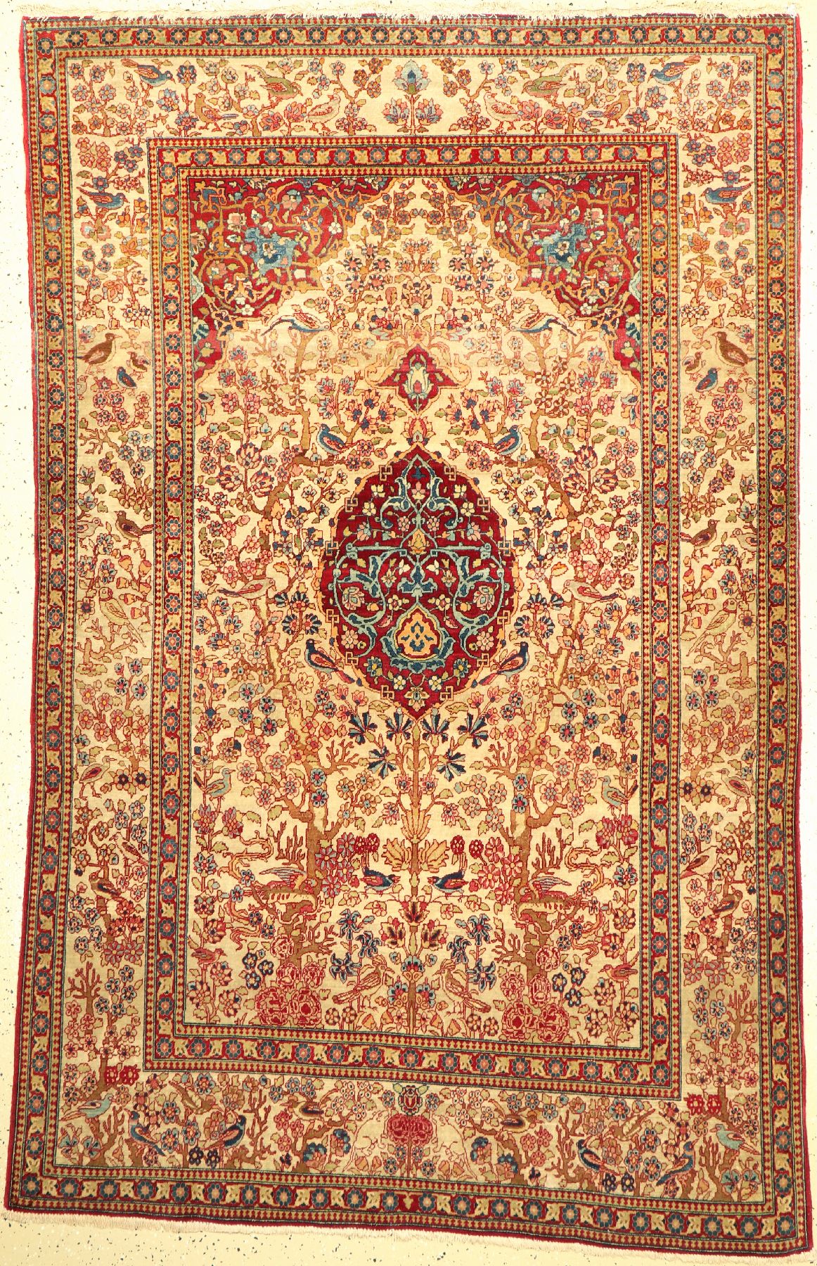Weißgrundiger antiker Teheran (Lebensbaum), Persien, um 1900, Korkwolle geknüpft auf Baumwolle, hochwertiger Teheran mit kunstvollem Lebensbaum, ...