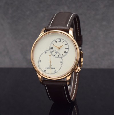 Image JAQUET DROZ 18k pink gold gents wristwatch Grande Seconde Off Center, self winding, leather strap with original 18k pink gold buckle, on both sides glazed, snap on case back, ivory coloured enamel dial with decentralized hours, minutes & big second, winding crown at 4, diameter approx. 43 mm, condition 2