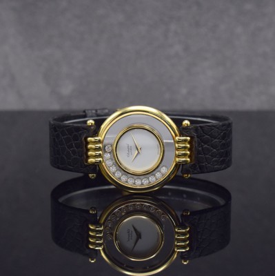Image 26256967 - CHOPARD 18k yellow gold ladies wristwatch Happy Diamonds reference 21/3029 1170, on both sides glazed case including original leather strap with gold-plated original buckle, in the inside 12 movable diamonds, display of hours & minutes, quartz, hand-setting on case-case back, diameter approx. 33 mm, condition 2-3
