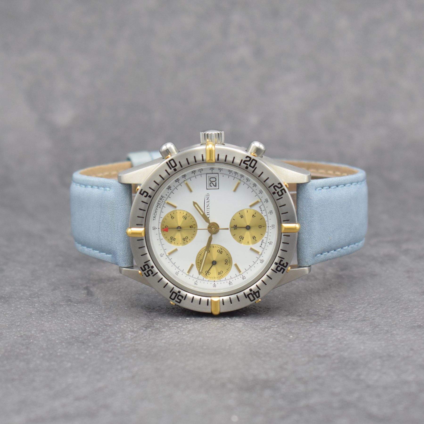 GUINAND nahezu neuwertiger Armbandchronograph, Schweiz um 2000, Automatik, Edelstahlgeh. inkl. Lederband m. Dornschl., Boden & Krone verschr., z. T. ...