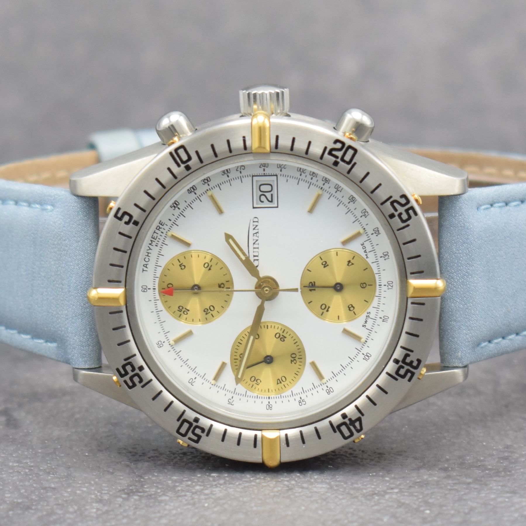 Detail a: GUINAND nahezu neuwertiger Armbandchronograph, Schweiz um 2000, Automatik, Edelstahlgeh. inkl. Lederband m. Dornschl., Boden & Krone verschr., z. T. ...