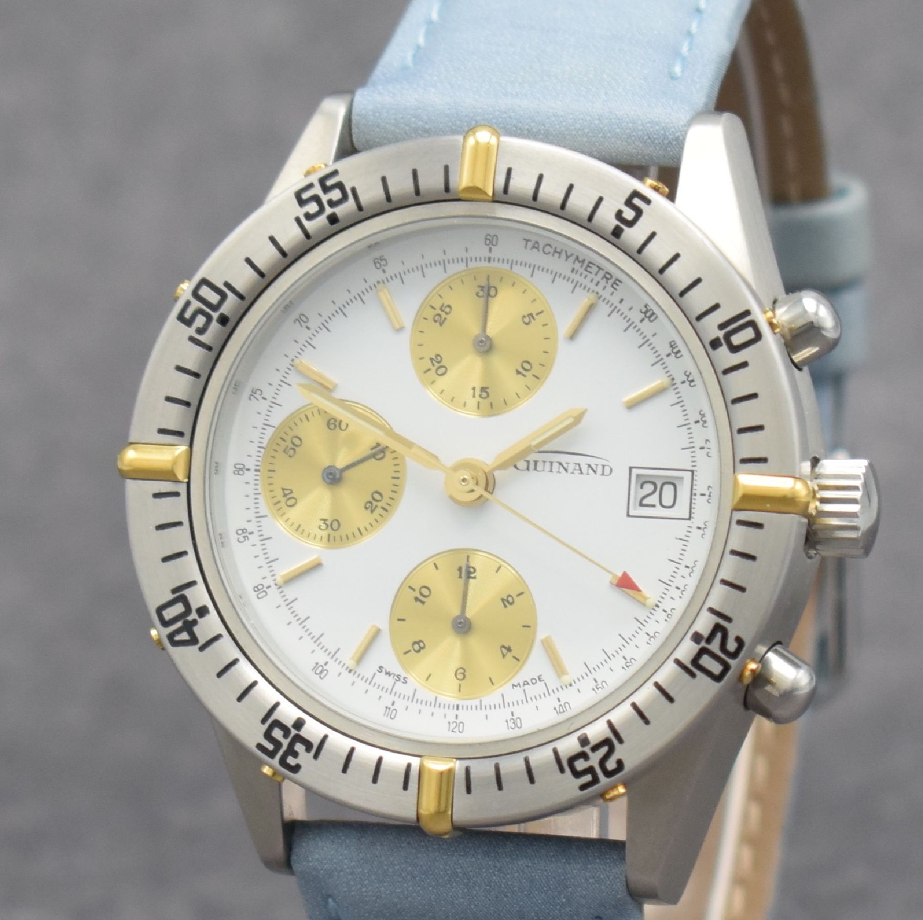 Detail c: GUINAND nahezu neuwertiger Armbandchronograph, Schweiz um 2000, Automatik, Edelstahlgeh. inkl. Lederband m. Dornschl., Boden & Krone verschr., z. T. ...