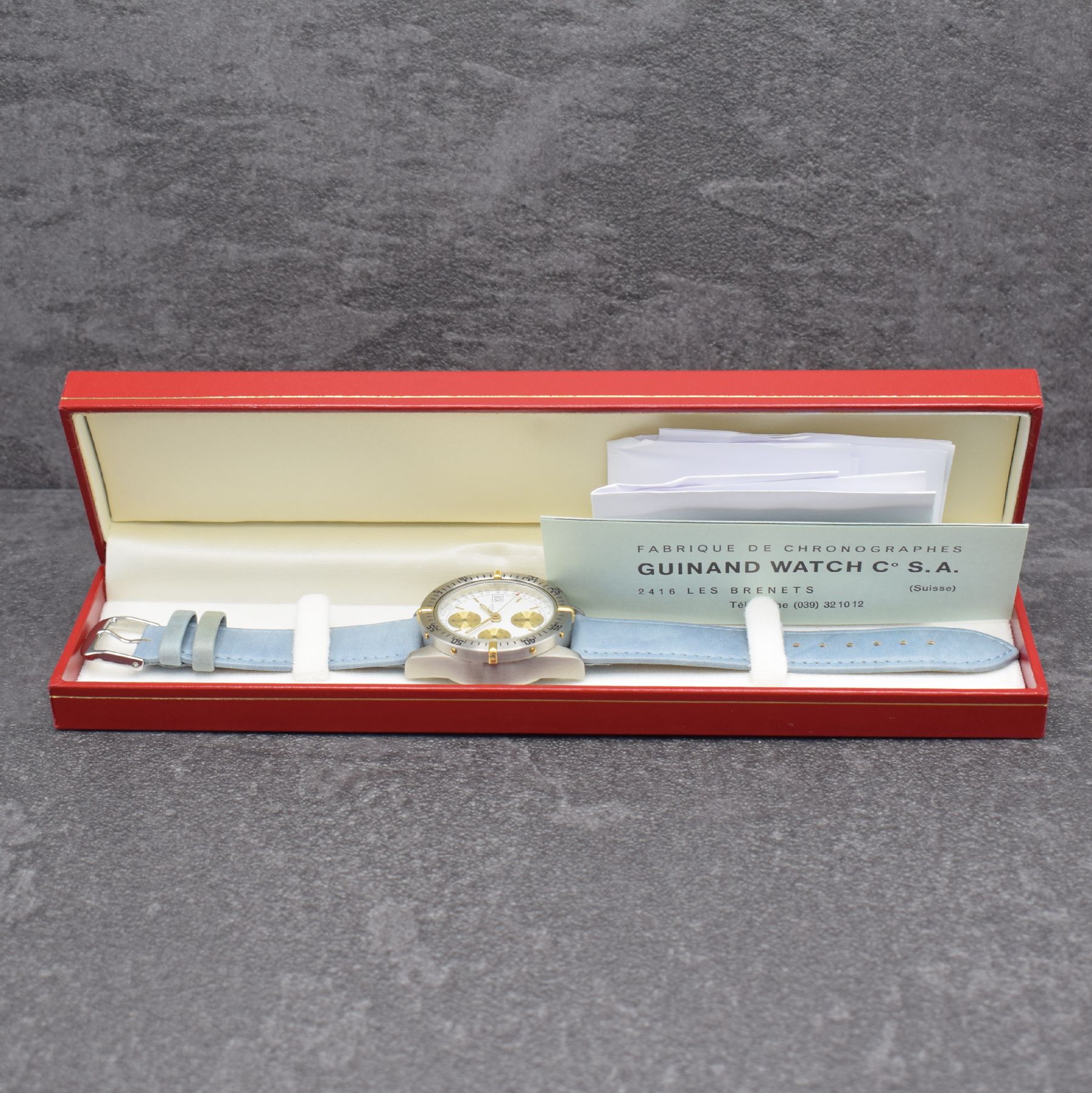 Detail e: GUINAND nahezu neuwertiger Armbandchronograph, Schweiz um 2000, Automatik, Edelstahlgeh. inkl. Lederband m. Dornschl., Boden & Krone verschr., z. T. ...