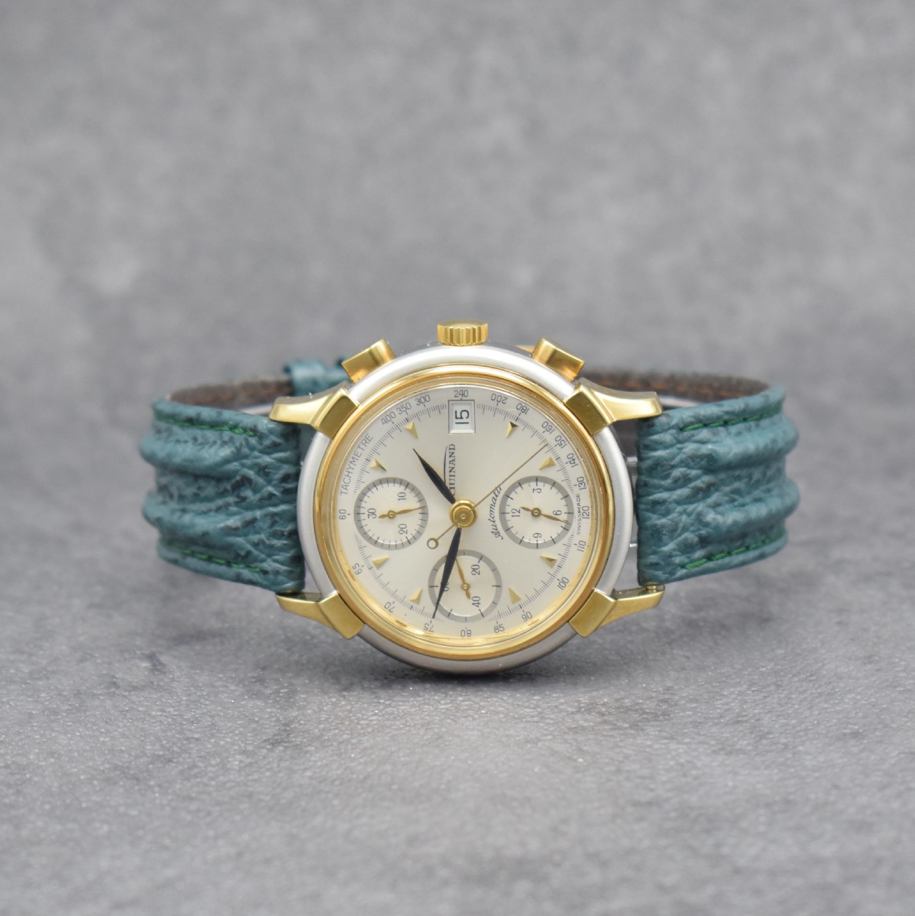 GUINAND nahezu neuwertiger Armbandchronograph, Schweiz um 1995, Automatik, z. T. verg. Edelstahlgeh. inkl. Lederband m. Dornschl., Boden verschr., ...