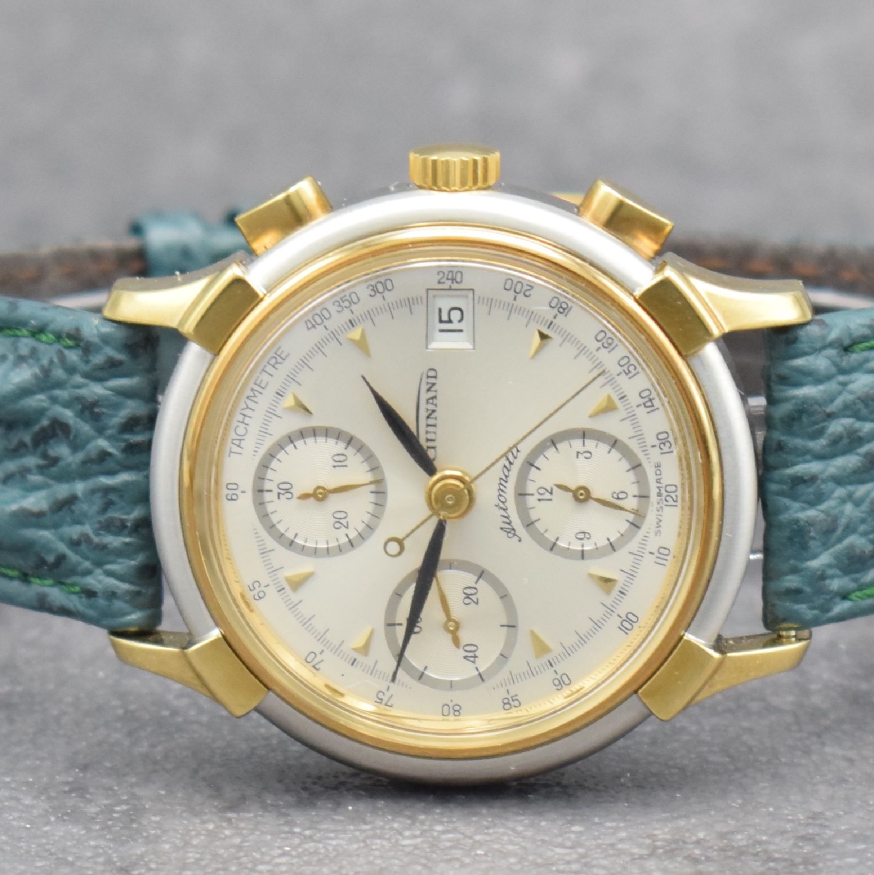 Detail a: GUINAND nahezu neuwertiger Armbandchronograph, Schweiz um 1995, Automatik, z. T. verg. Edelstahlgeh. inkl. Lederband m. Dornschl., Boden verschr., ...