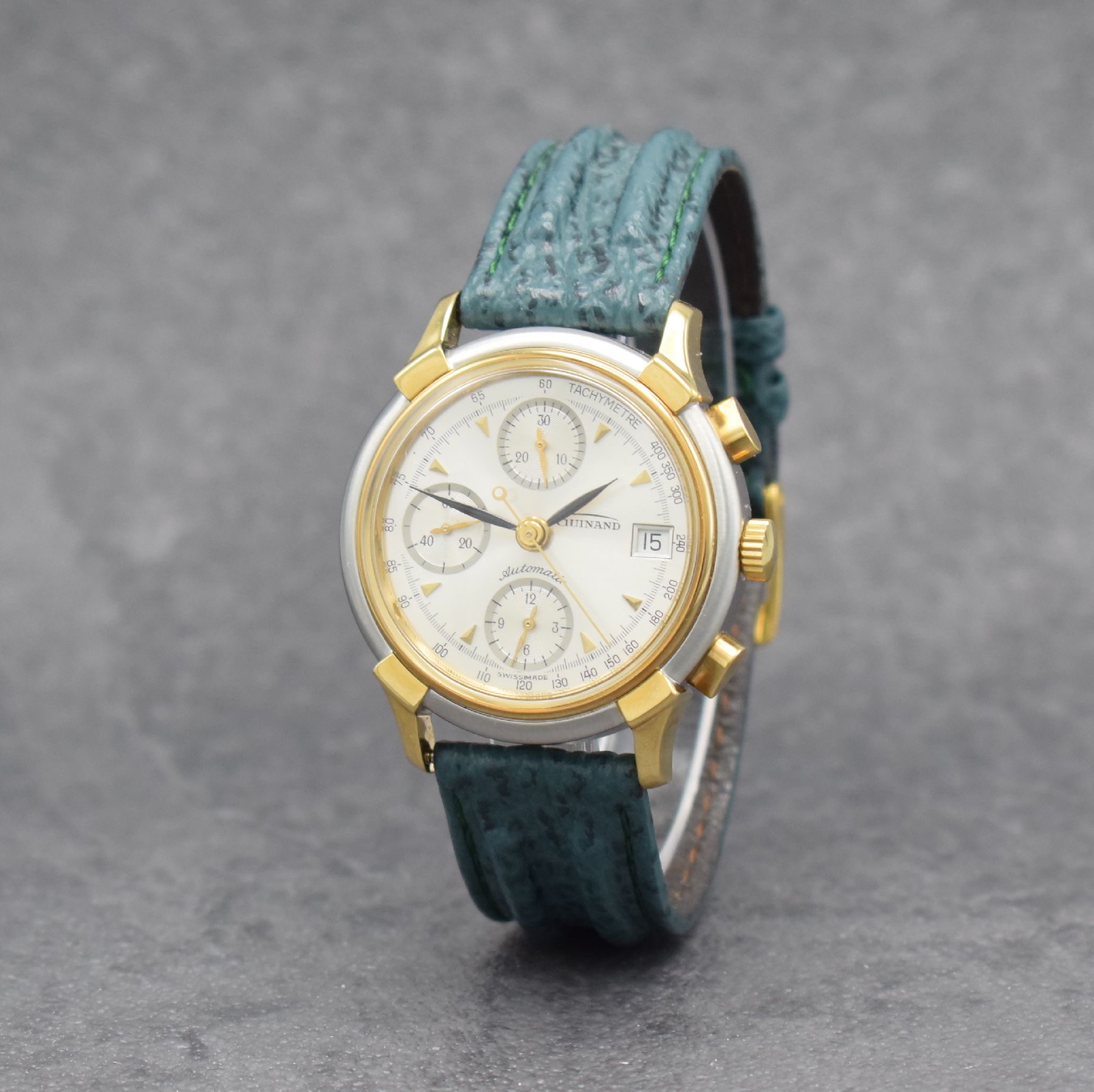 Detail b: GUINAND nahezu neuwertiger Armbandchronograph, Schweiz um 1995, Automatik, z. T. verg. Edelstahlgeh. inkl. Lederband m. Dornschl., Boden verschr., ...