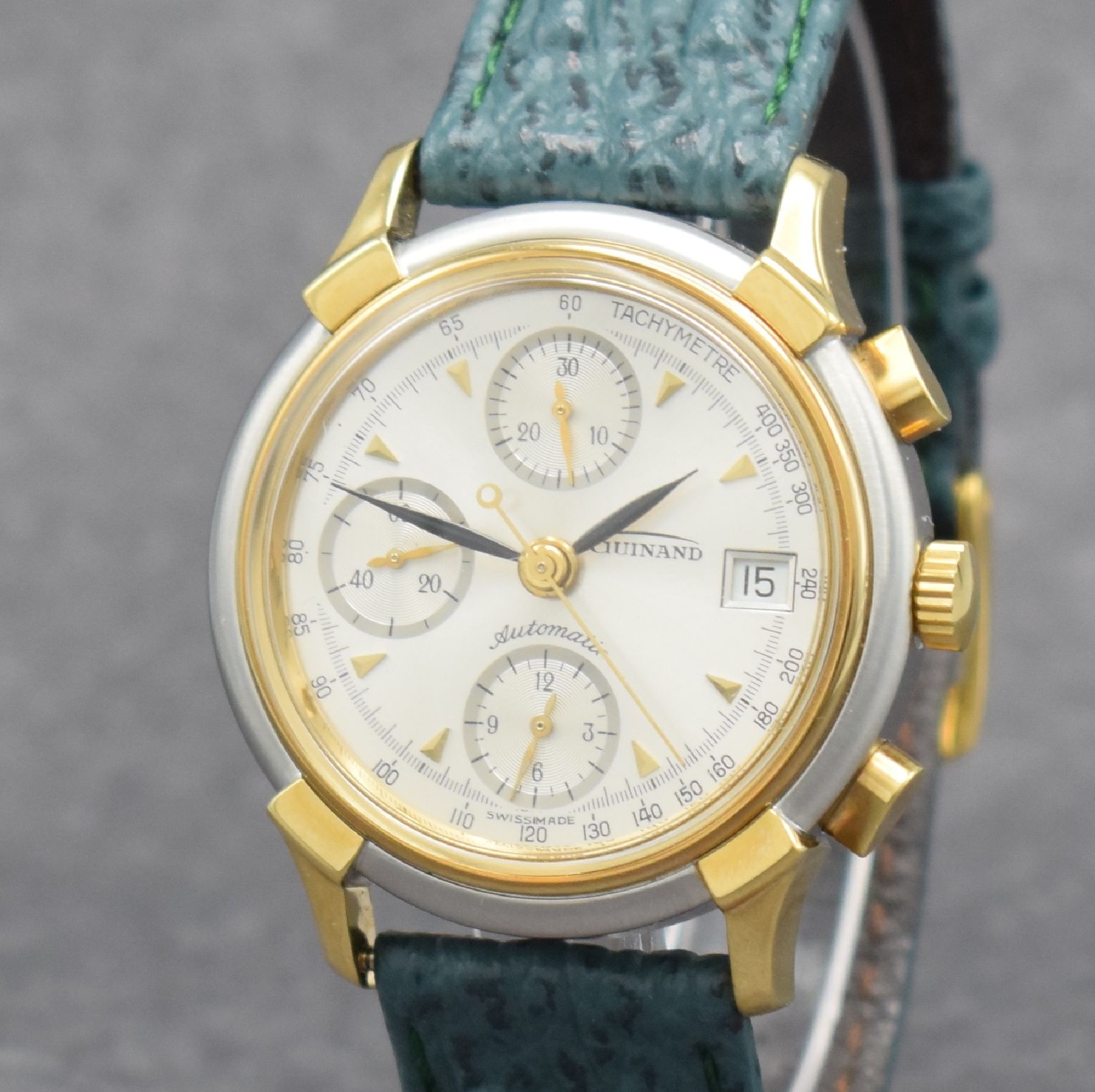 Detail c: GUINAND nahezu neuwertiger Armbandchronograph, Schweiz um 1995, Automatik, z. T. verg. Edelstahlgeh. inkl. Lederband m. Dornschl., Boden verschr., ...