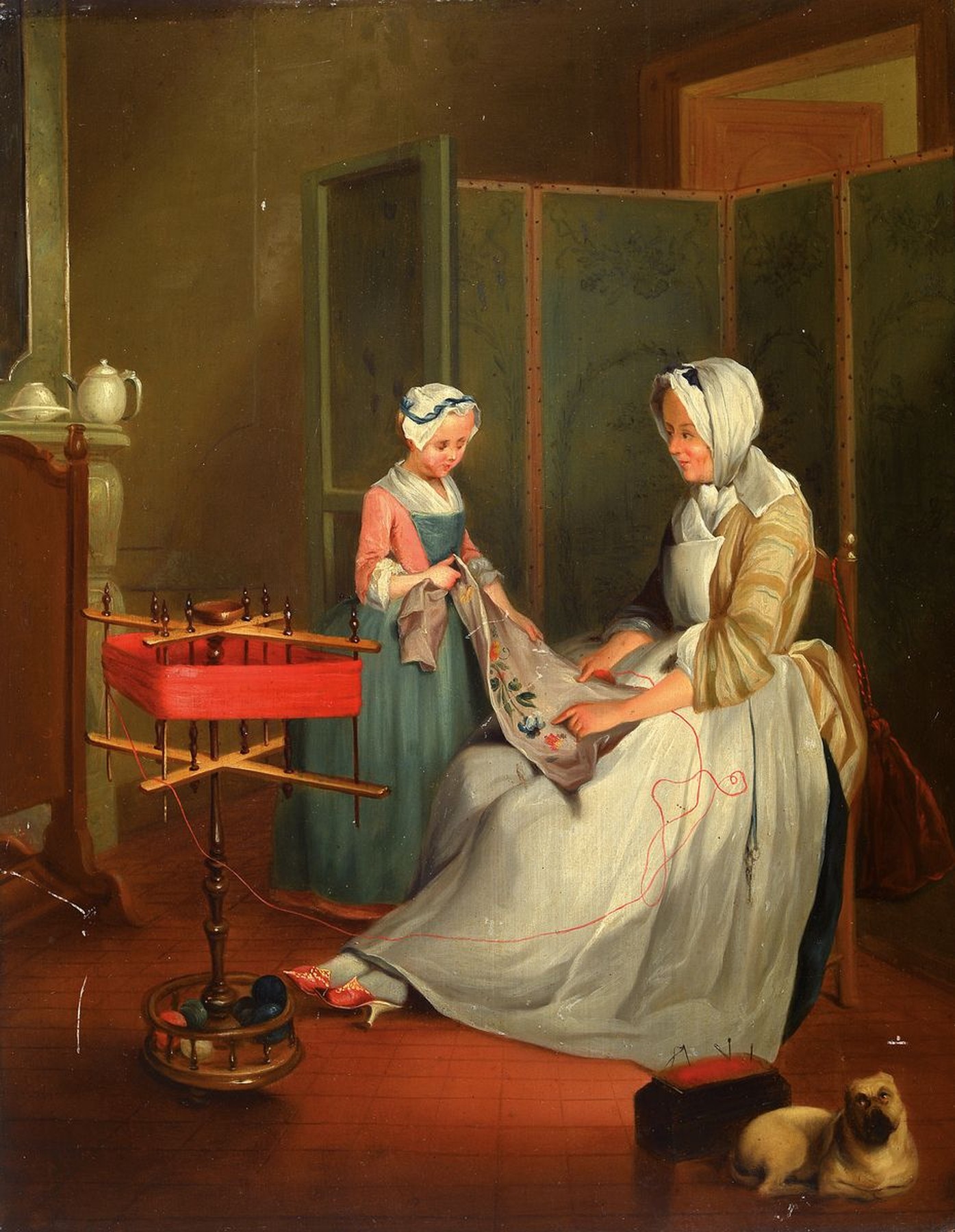 Ungedeuteter Künstler, deutsch, um 1840/50, Mutter und Tochter bei der Handarbeit, detailreiche Darstellung, im Vordergrund liegender Mops und ...