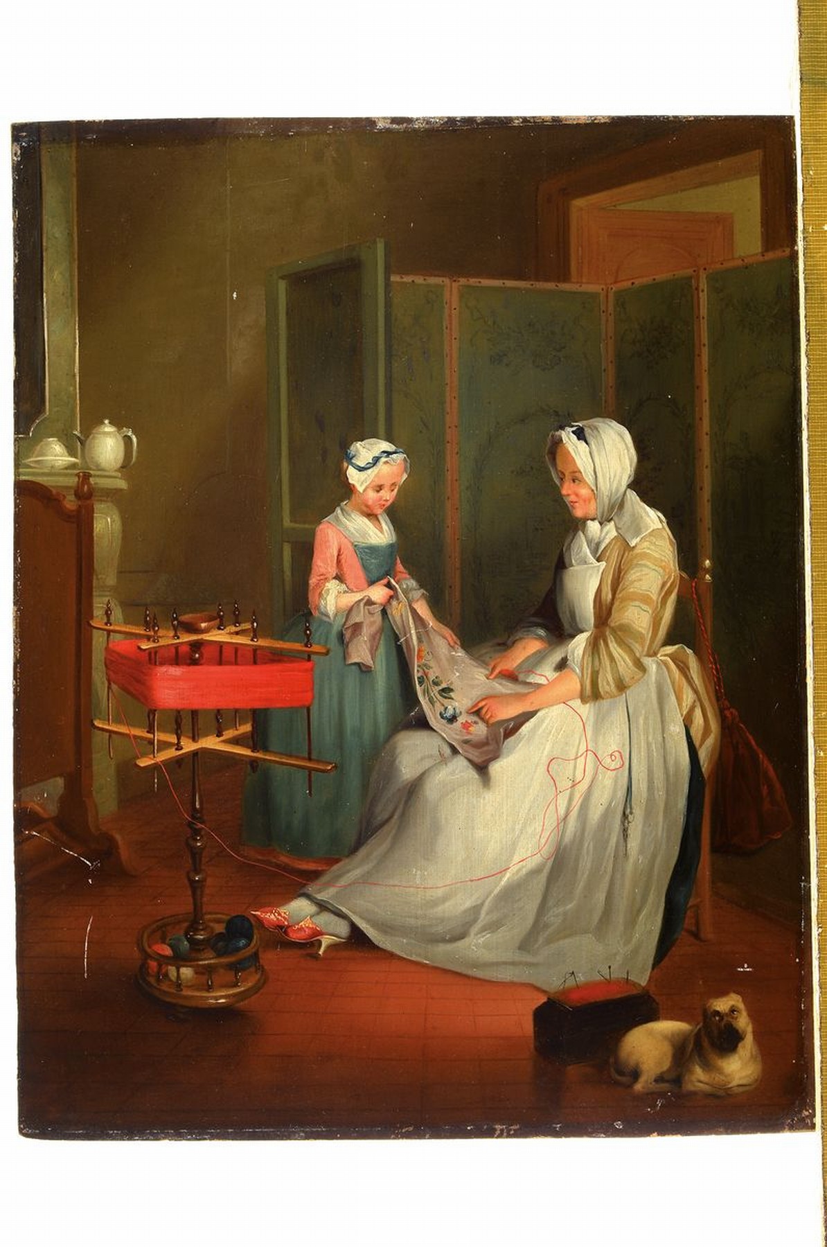 Detail k: Ungedeuteter Künstler, deutsch, um 1840/50, Mutter und Tochter bei der Handarbeit, detailreiche Darstellung, im Vordergrund liegender Mops und ...