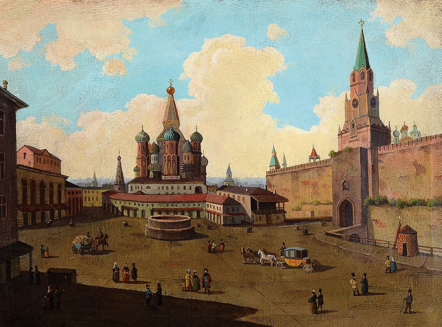 Ungedeuteter osteuropäische Künstler, um 1830, Roter Platz in Moskau mit Blick auf die Basilius-Kathedrale und den Kreml, fast dokumentarische ...