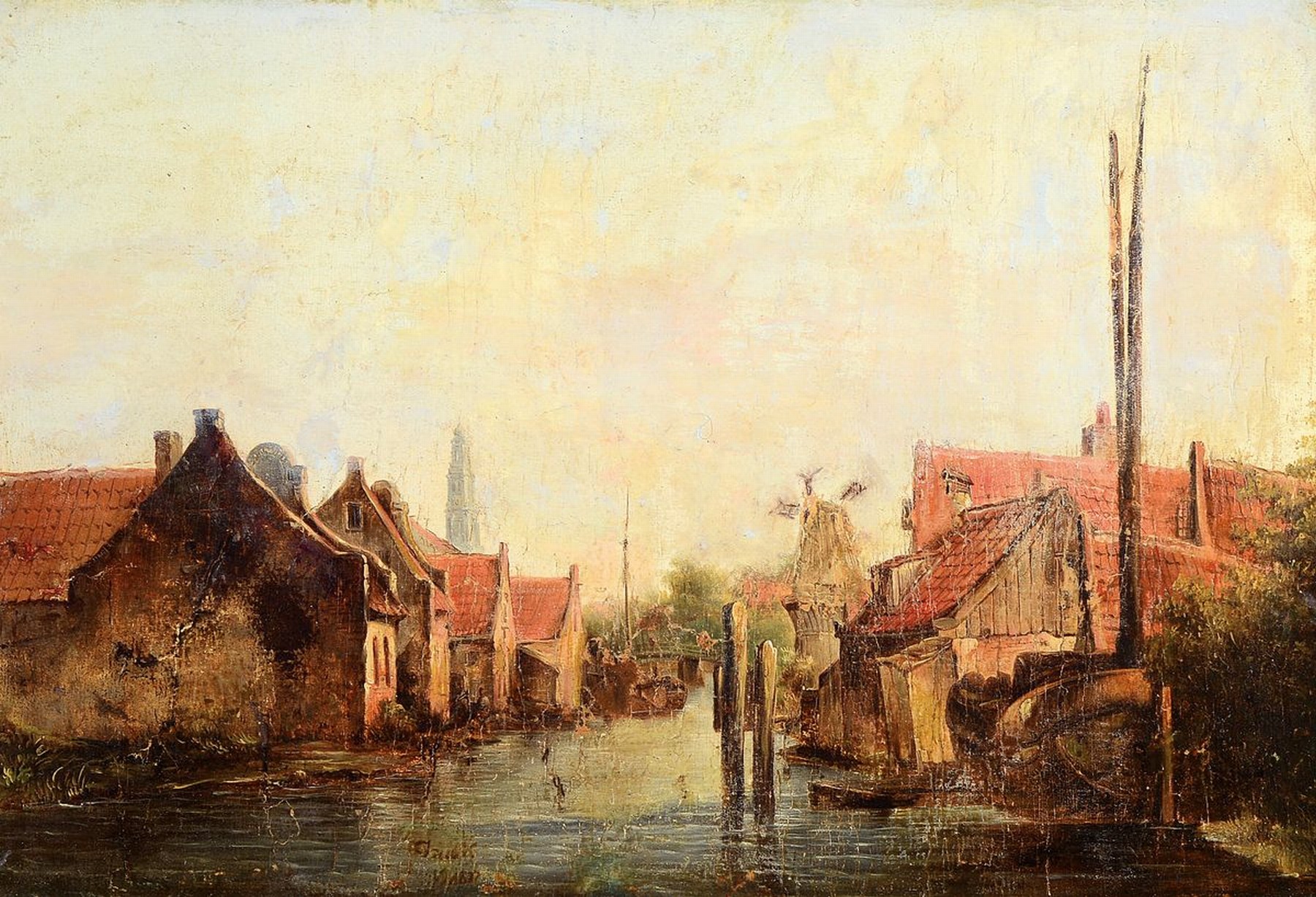 Niederländischer Künstler, um 1830/40, mittig unleserlich signiert Ja..ck, 18.., restauriert und doubliert, niederländische Gracht, wohl Harlem, ...