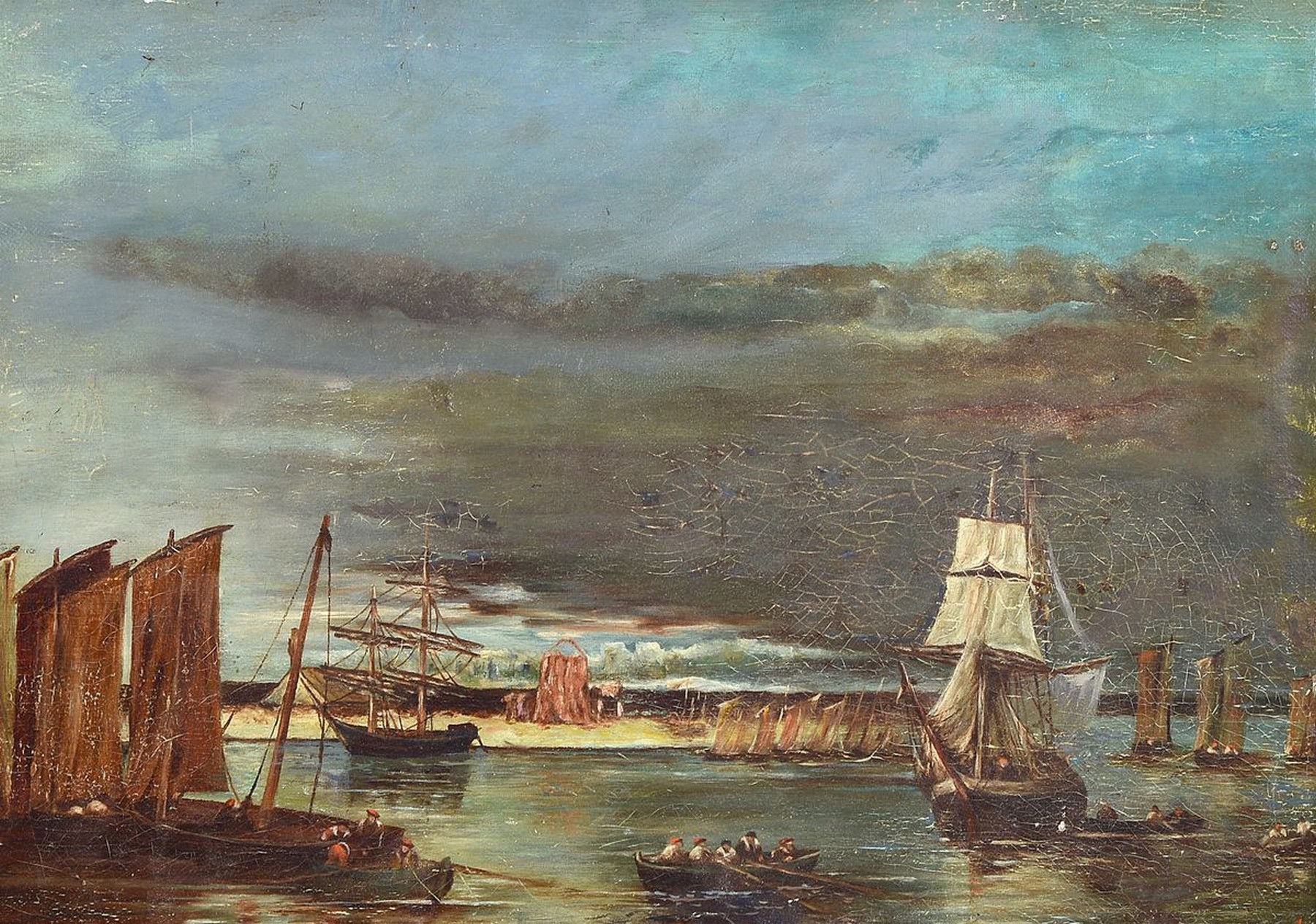 Ungedeuteter niederländischer Künstler, um 1830, Hafenansicht mit Segelschiffen und Booten mit Matrosen, Öl/Lwd, auf Platte aufgeklebt, leicht ...