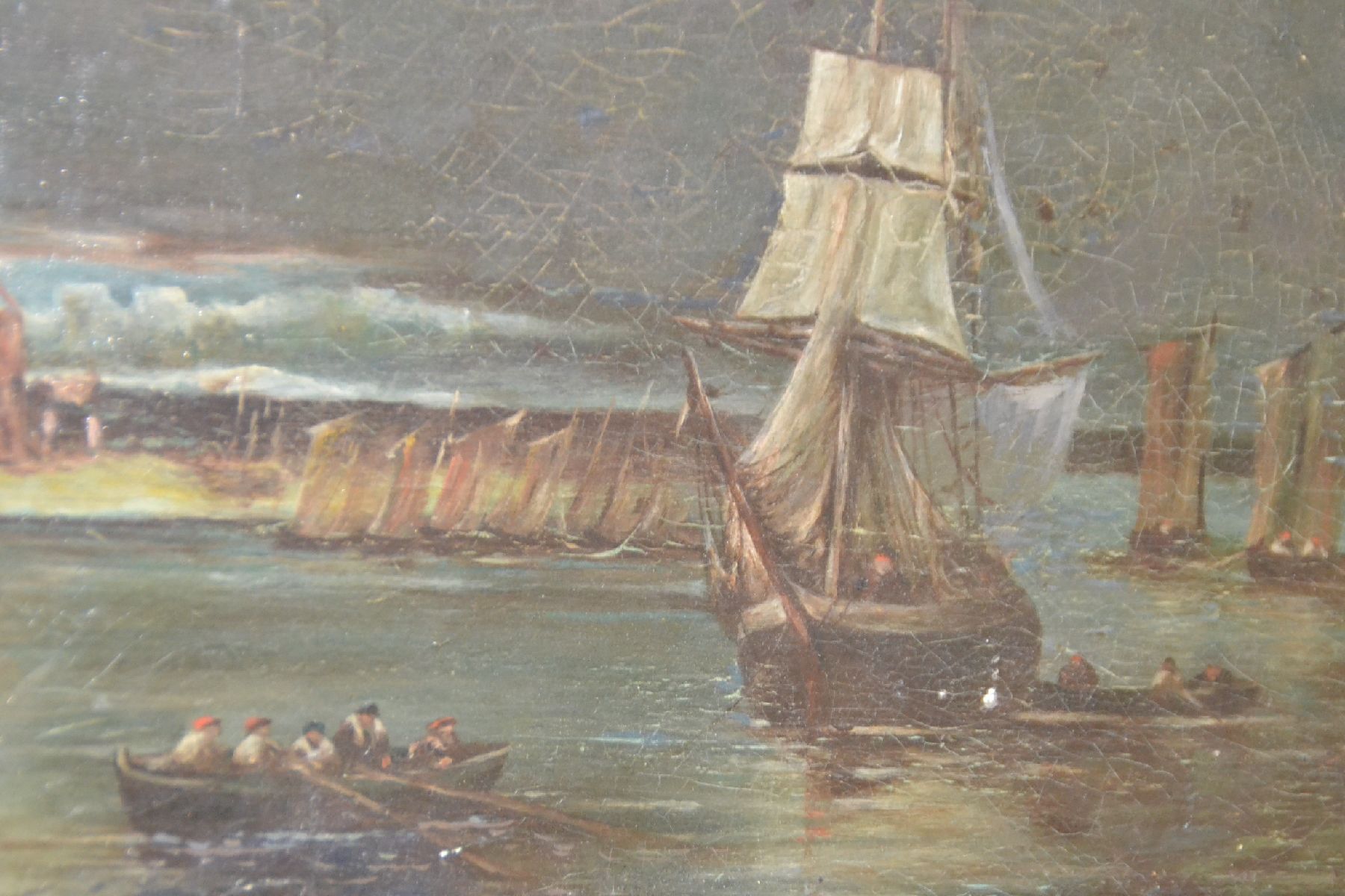 Detail b: Ungedeuteter niederländischer Künstler, um 1830, Hafenansicht mit Segelschiffen und Booten mit Matrosen, Öl/Lwd, auf Platte aufgeklebt, leicht ...