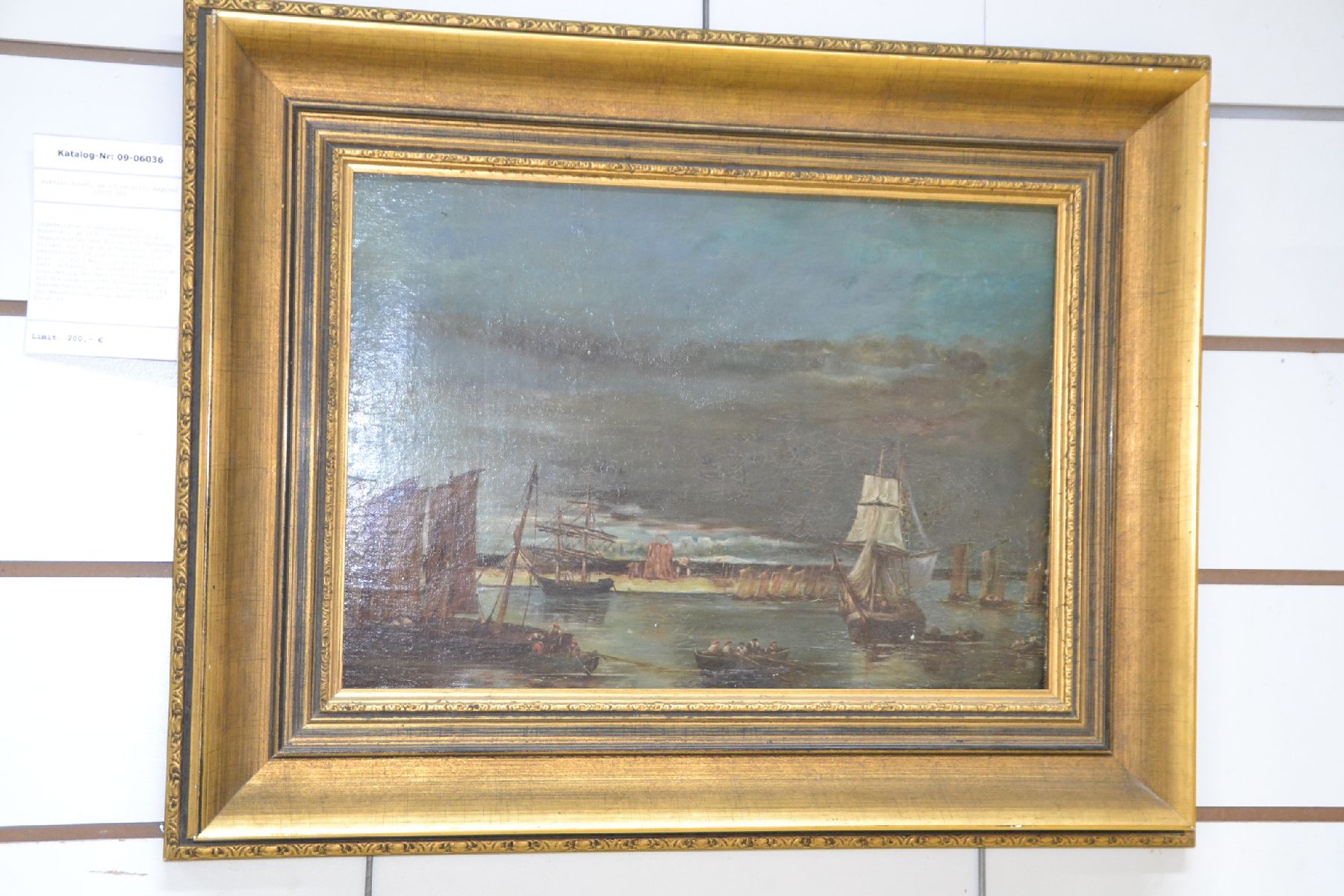 Detail c: Ungedeuteter niederländischer Künstler, um 1830, Hafenansicht mit Segelschiffen und Booten mit Matrosen, Öl/Lwd, auf Platte aufgeklebt, leicht ...