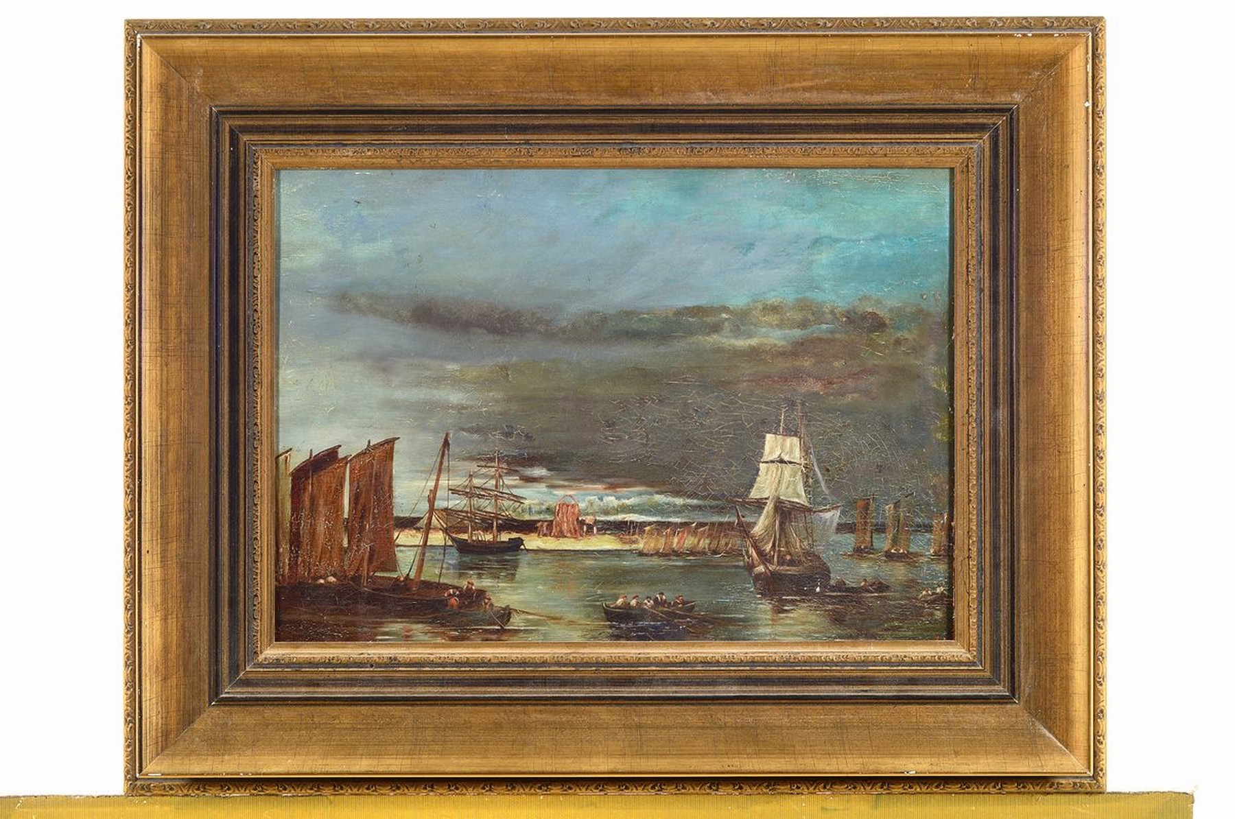 Detail k: Ungedeuteter niederländischer Künstler, um 1830, Hafenansicht mit Segelschiffen und Booten mit Matrosen, Öl/Lwd, auf Platte aufgeklebt, leicht ...