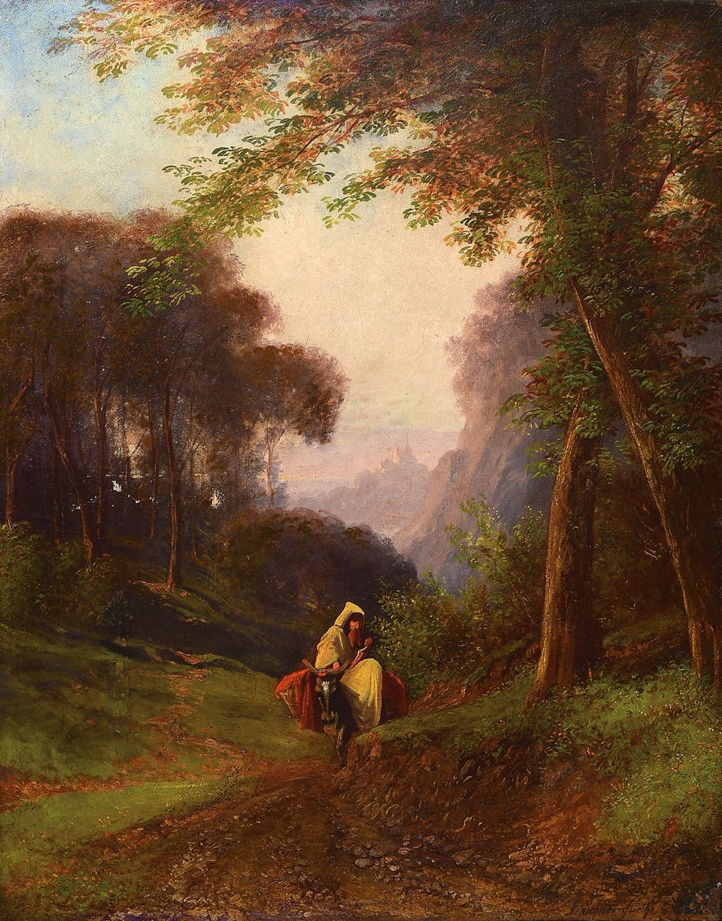 Ernst Schweinfurth, 1818 Karlsruhe - 1877 Rom, Eselsreiter in bewaldeter Burgenlandschaft, spätromantische Auffassung, gekonnte Farbdifferenzierung, ...