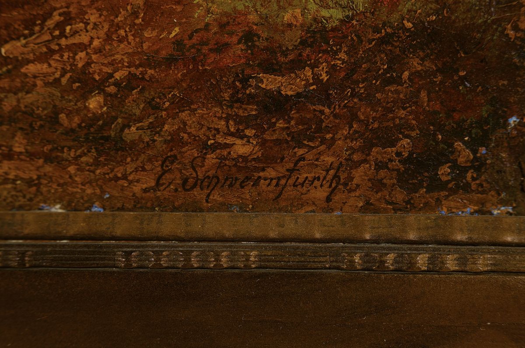 Detail a: Ernst Schweinfurth, 1818 Karlsruhe - 1877 Rom, Eselsreiter in bewaldeter Burgenlandschaft, spätromantische Auffassung, gekonnte Farbdifferenzierung, ...