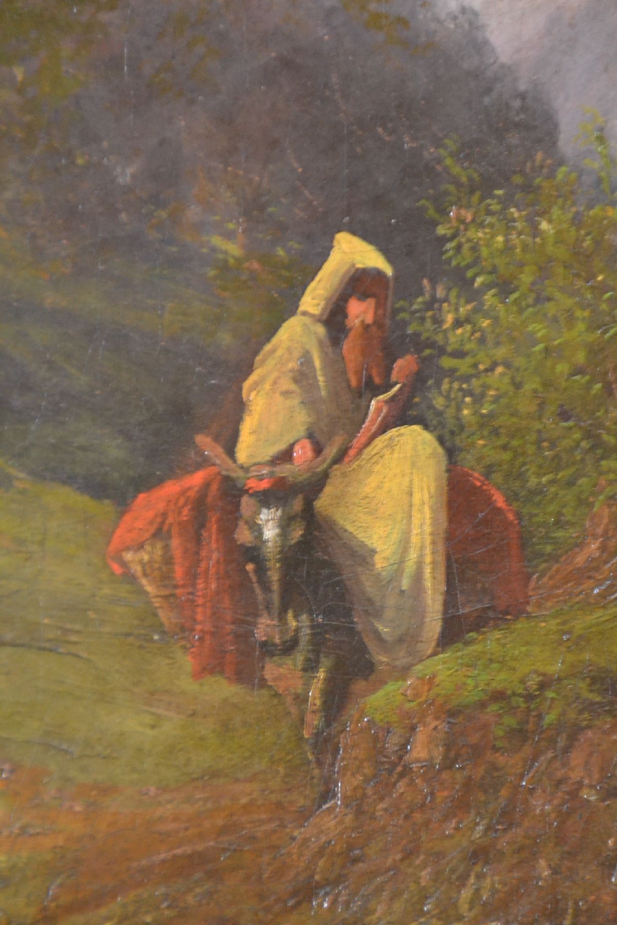 Detail b: Ernst Schweinfurth, 1818 Karlsruhe - 1877 Rom, Eselsreiter in bewaldeter Burgenlandschaft, spätromantische Auffassung, gekonnte Farbdifferenzierung, ...
