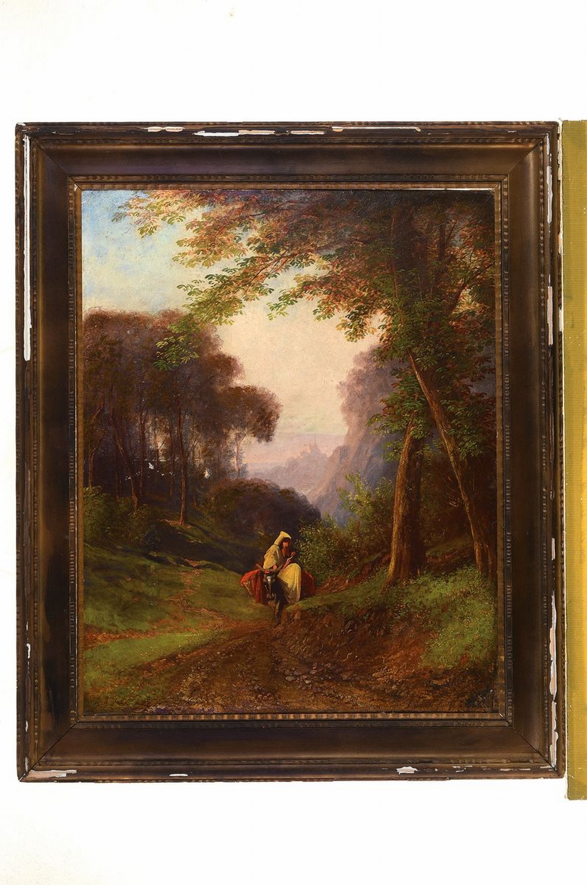 Detail k: Ernst Schweinfurth, 1818 Karlsruhe - 1877 Rom, Eselsreiter in bewaldeter Burgenlandschaft, spätromantische Auffassung, gekonnte Farbdifferenzierung, ...