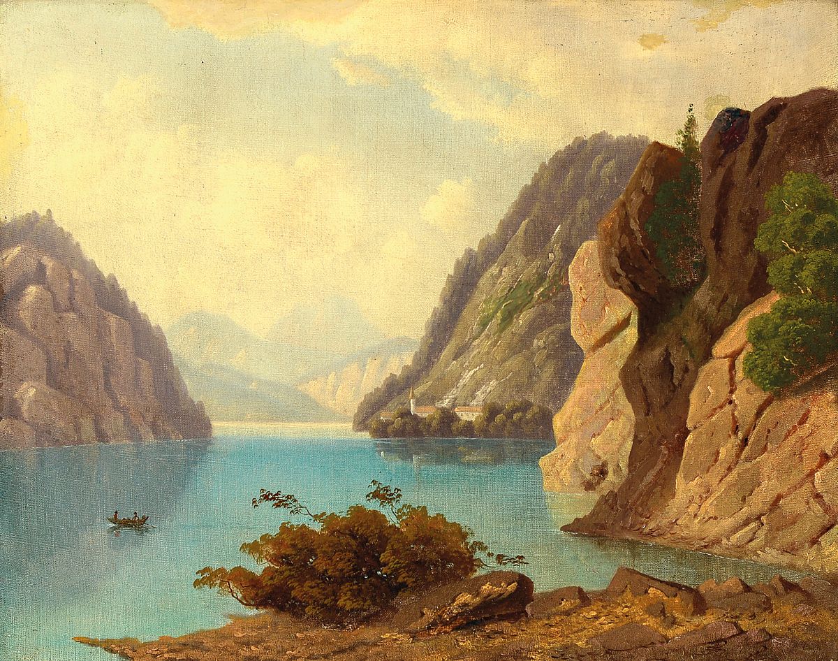 Süddeutscher Künstler, um 1860, Gebirgssee mit Ruderboot, feine lasierende Malerei, Öl/Lwd/Platte, wohl re. unten unleserlich signiert, ältere ...