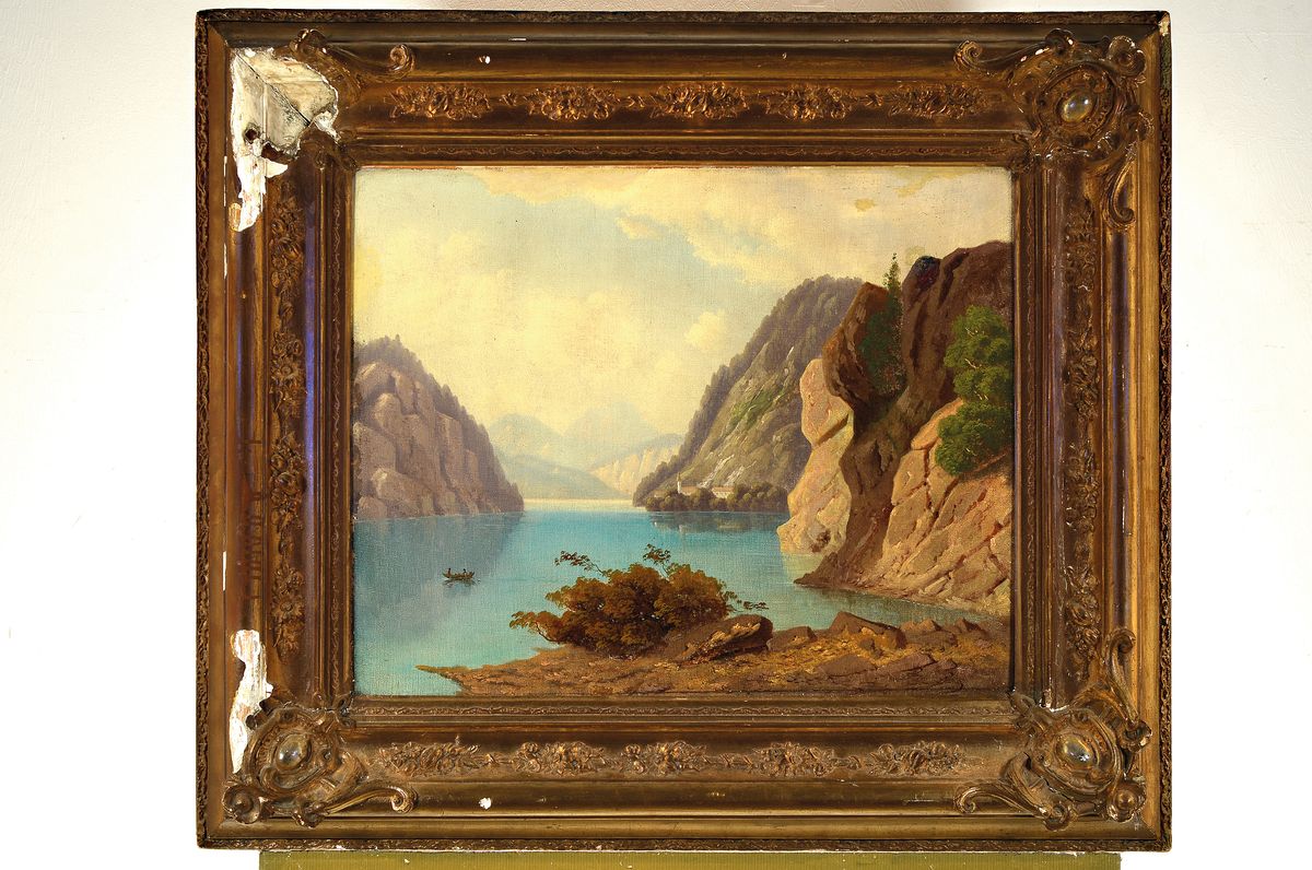 Detail k: Süddeutscher Künstler, um 1860, Gebirgssee mit Ruderboot, feine lasierende Malerei, Öl/Lwd/Platte, wohl re. unten unleserlich signiert, ältere ...