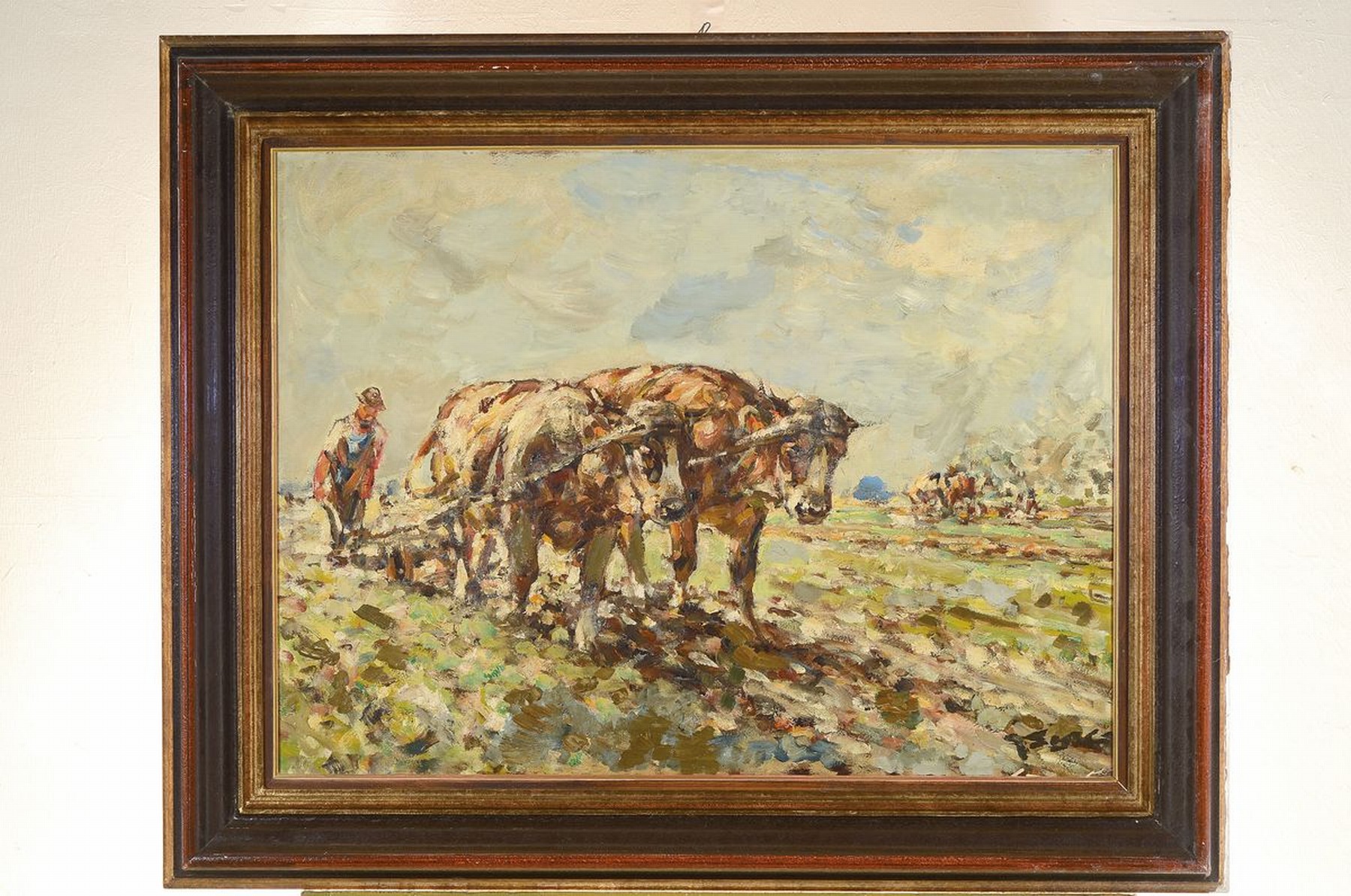 Detail k: Julius Seyler, 1873 München - 1955, pflügender Bauern mit Ochsengespann, Öl/Malkarton, re. u. signiert, 59 x 80 cm, Rahmen ca. 80 x 100 cm, l. ...