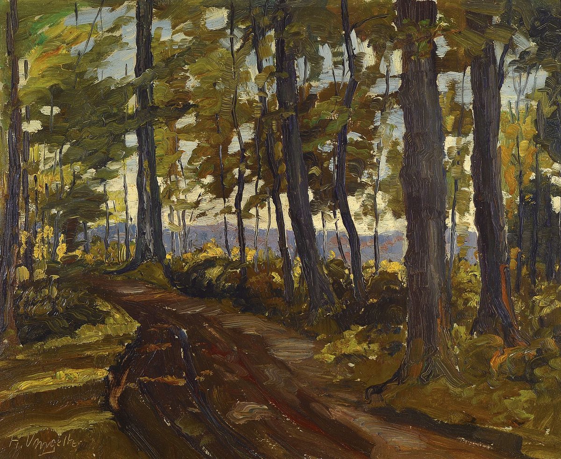 Hermann Umgelter, 1891 - 1962 Stuttgart, Waldlandschaft, Öl/Malkarton, signiert, ca. 34 x 42 cm, Rahmen l. best.
