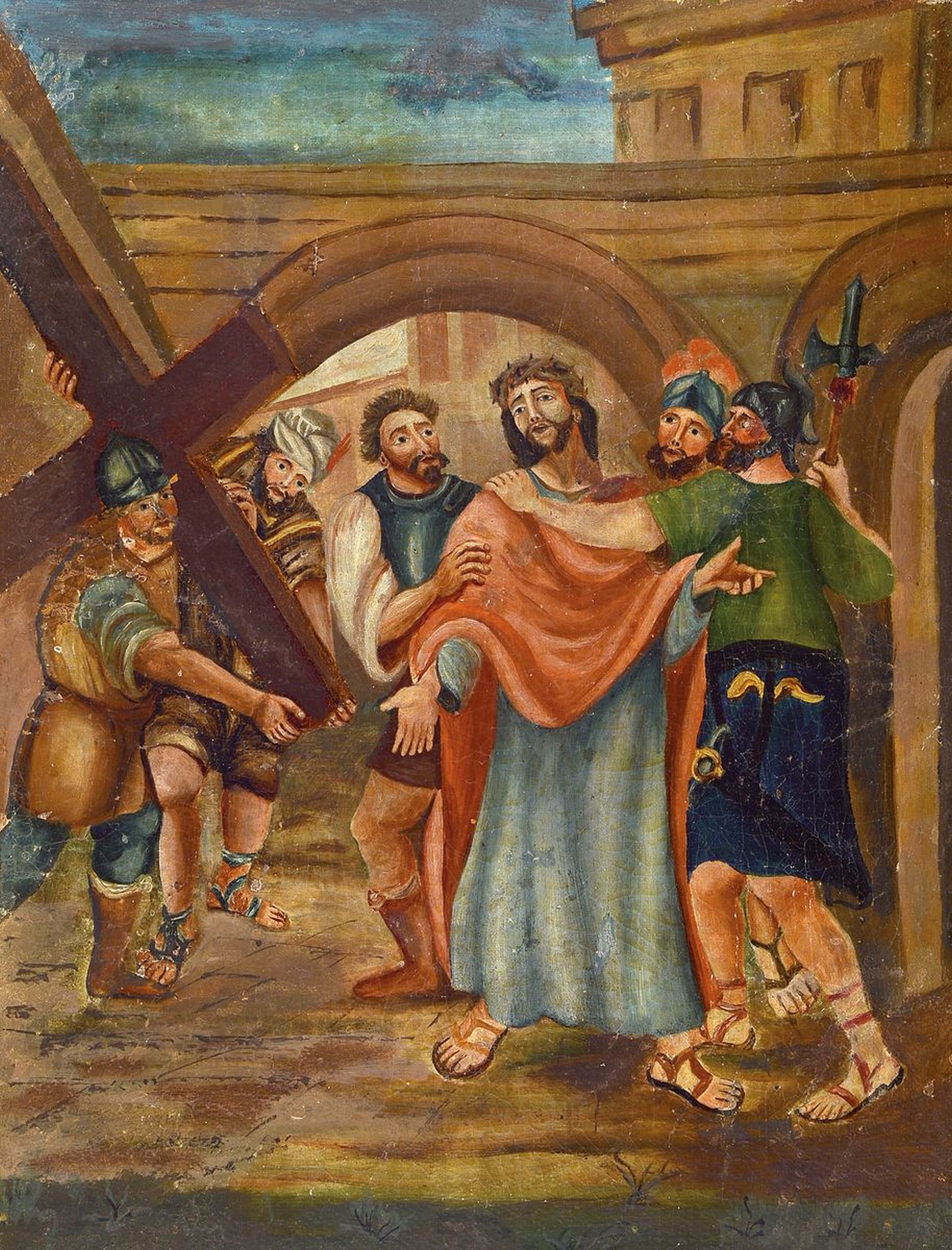 Siebenteiliger Kreuzweg, süddeutsch, um 1830 , Öl/Lwd, doubliert, ausführliche Schilderung der Kreuztragung u.a. der Verspottung, Geißelung und ...