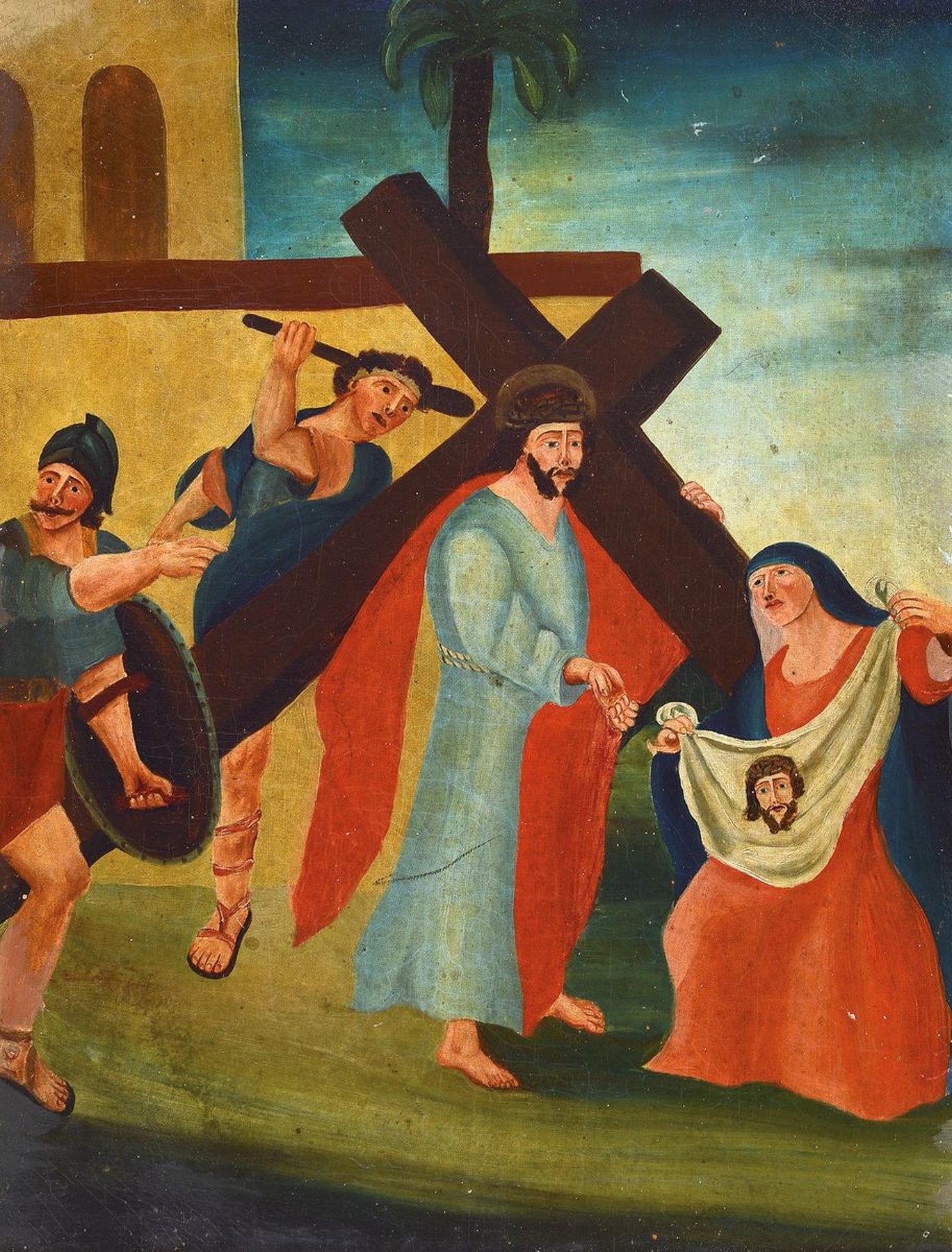 Detail b: Siebenteiliger Kreuzweg, süddeutsch, um 1830 , Öl/Lwd, doubliert, ausführliche Schilderung der Kreuztragung u.a. der Verspottung, Geißelung und ...