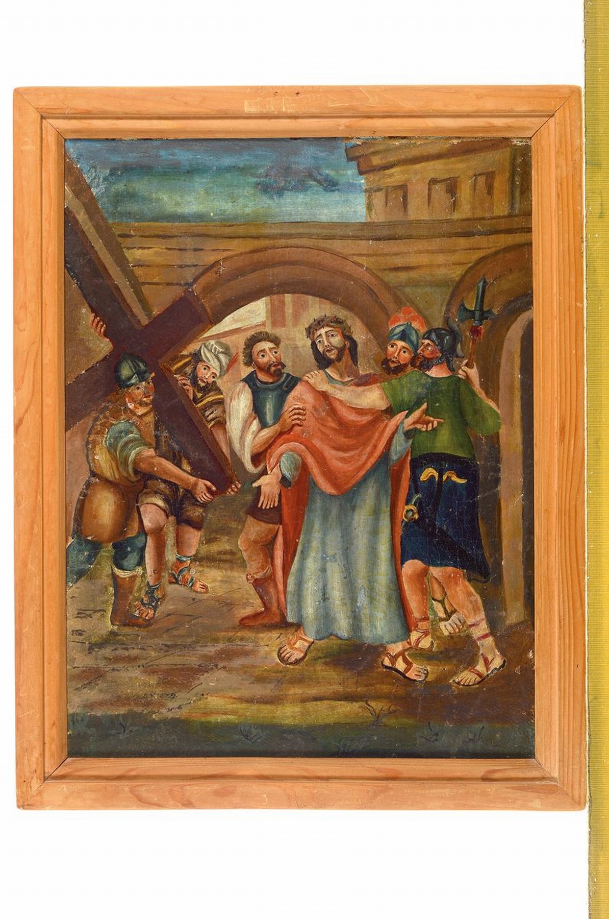 Detail k: Siebenteiliger Kreuzweg, süddeutsch, um 1830 , Öl/Lwd, doubliert, ausführliche Schilderung der Kreuztragung u.a. der Verspottung, Geißelung und ...