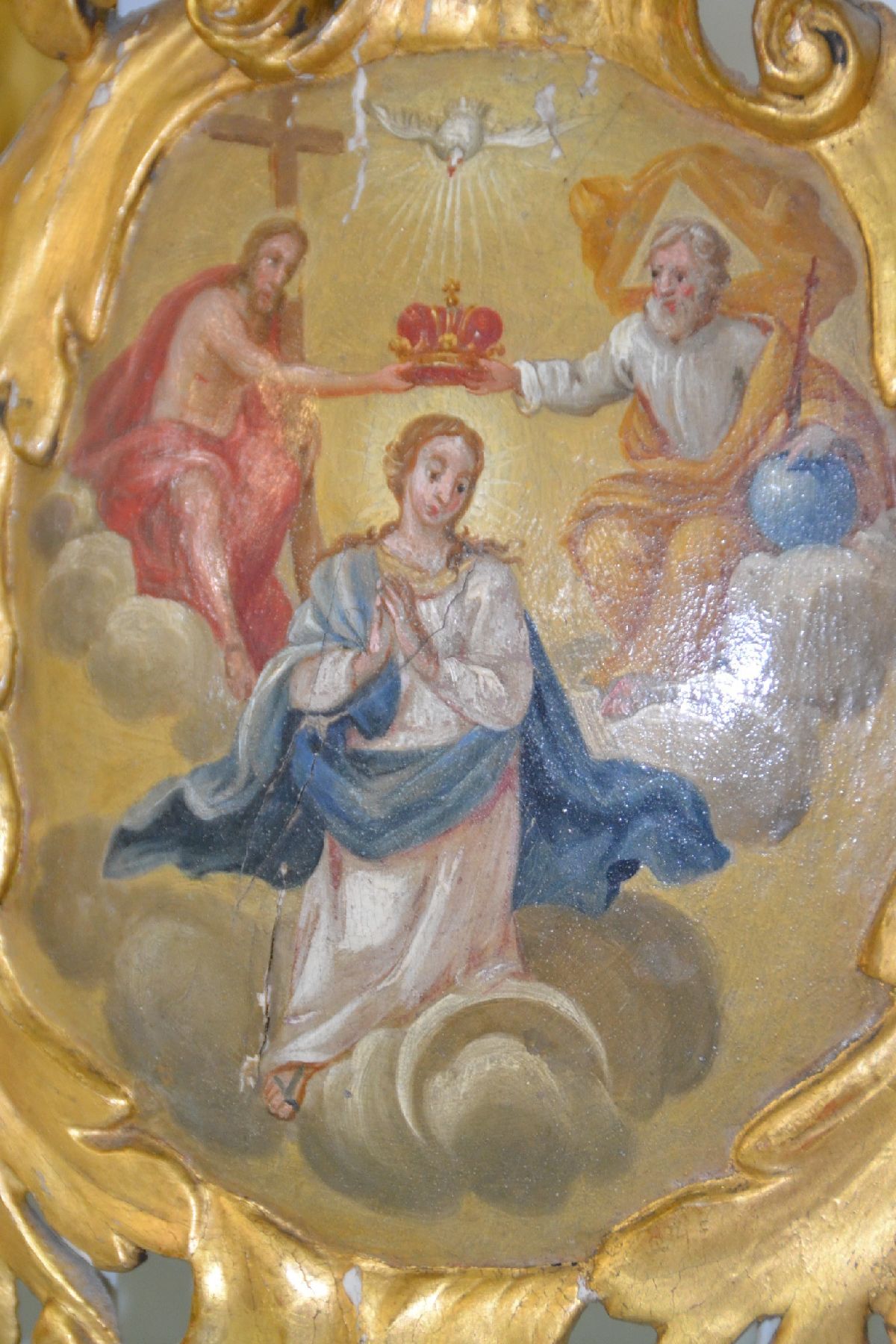 Detail b: Drei Andachtsgemälde, süddeutsch, 18. Jh., Öl/Holz, konkave Bildfläche, von barockem Rocaillendecor gerahmt, vergoldet, Geburt Christi, ...