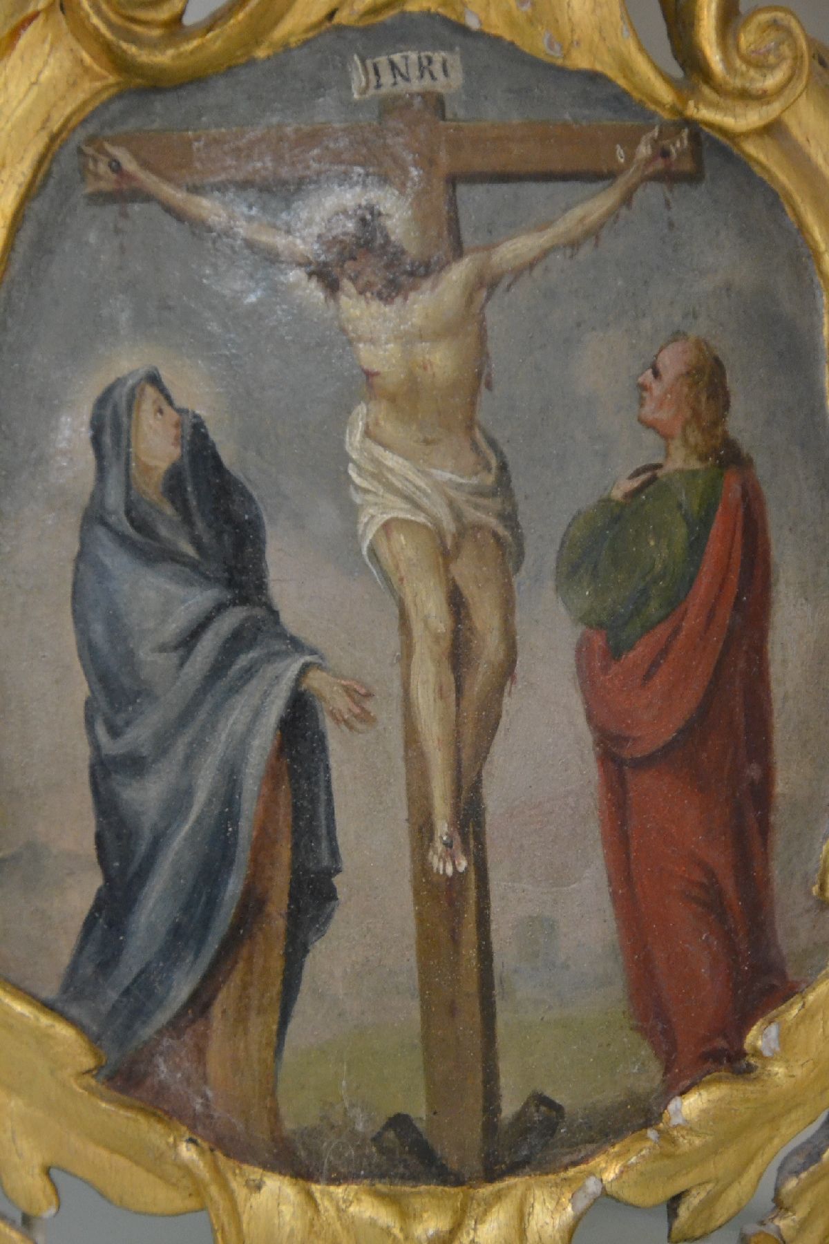 Detail d: Drei Andachtsgemälde, süddeutsch, 18. Jh., Öl/Holz, konkave Bildfläche, von barockem Rocaillendecor gerahmt, vergoldet, Geburt Christi, ...