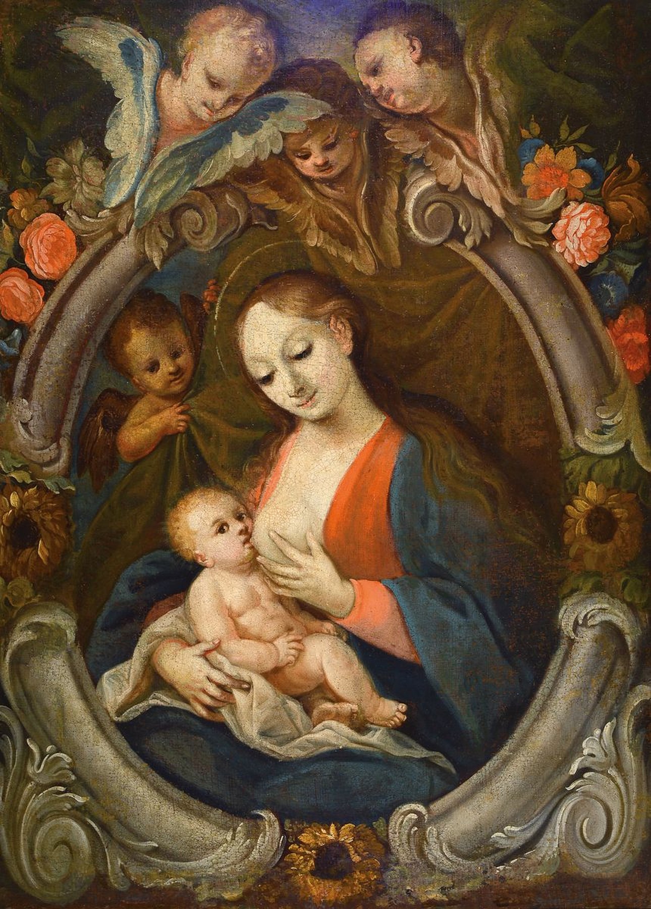 Süddeutscher Künstler, um 1700/1720, Mutter Gottes Lactans, Maria in stiltyp. Haltung: die linke Hand Brust gebend mit Bekennerzeichen, göttliche ...