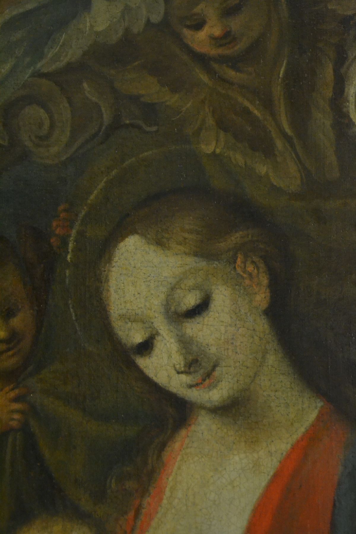 Detail e: Süddeutscher Künstler, um 1700/1720, Mutter Gottes Lactans, Maria in stiltyp. Haltung: die linke Hand Brust gebend mit Bekennerzeichen, göttliche ...
